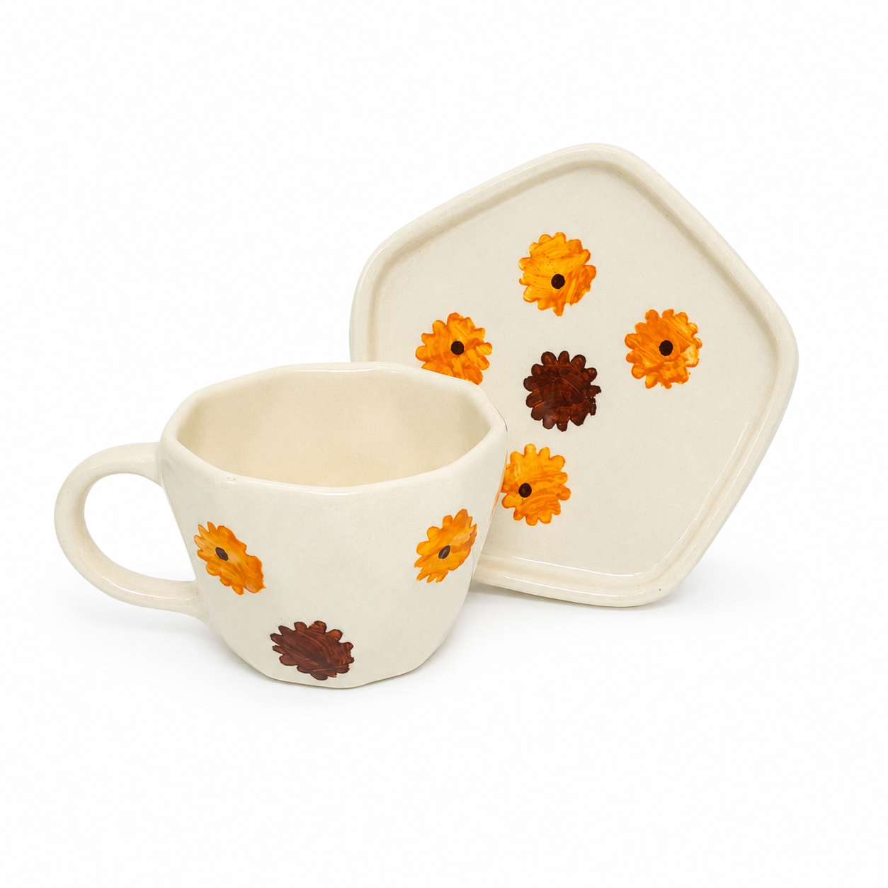 Orange Floral Ceramic Cup & Saucer Set | Aesthetic Flower Tea & Coffee Cup with Geometric Saucer