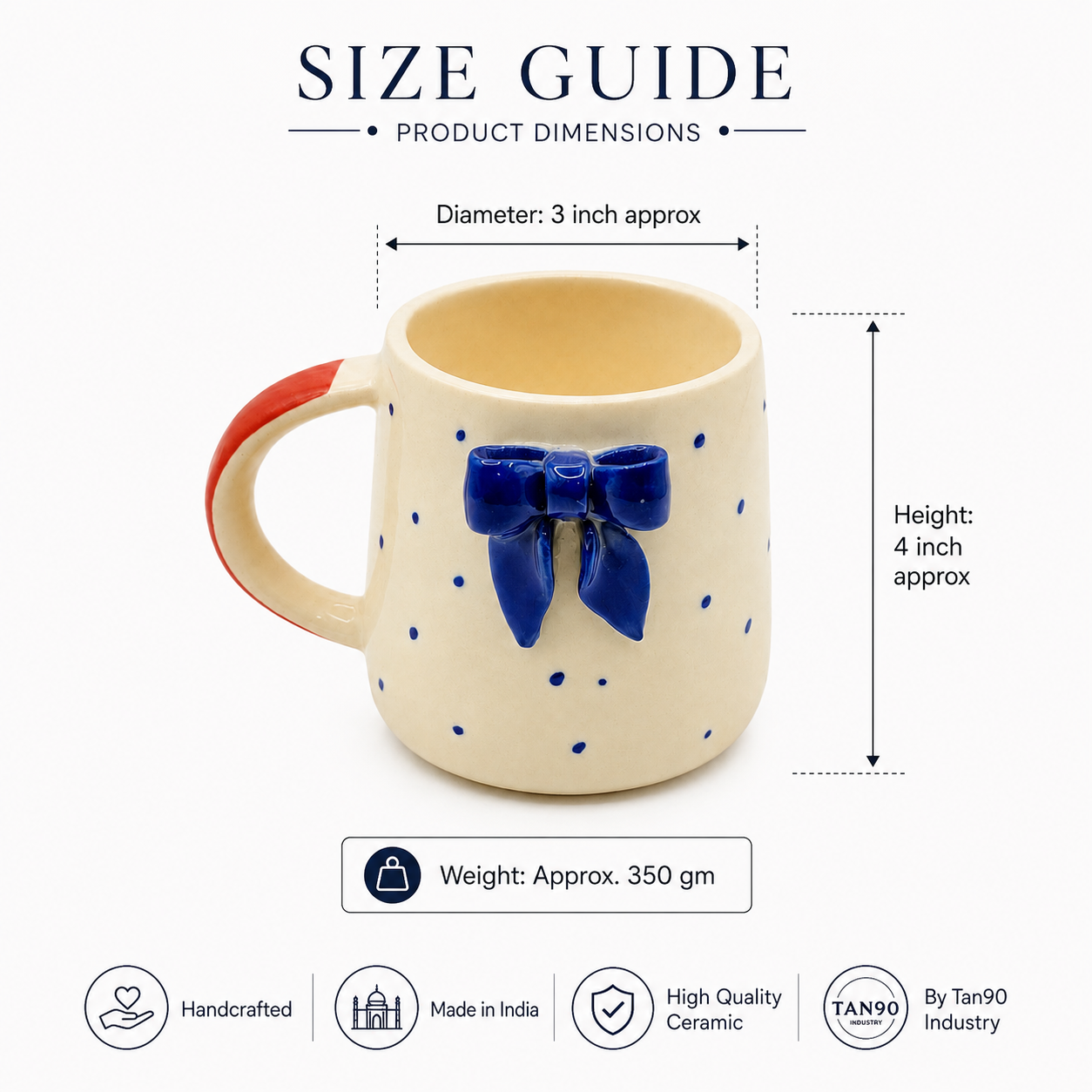 Handcrafted Ceramic Bow Mug – Ivory Beige & Cobalt Blue with Red Handle, Cute Coffee Cup