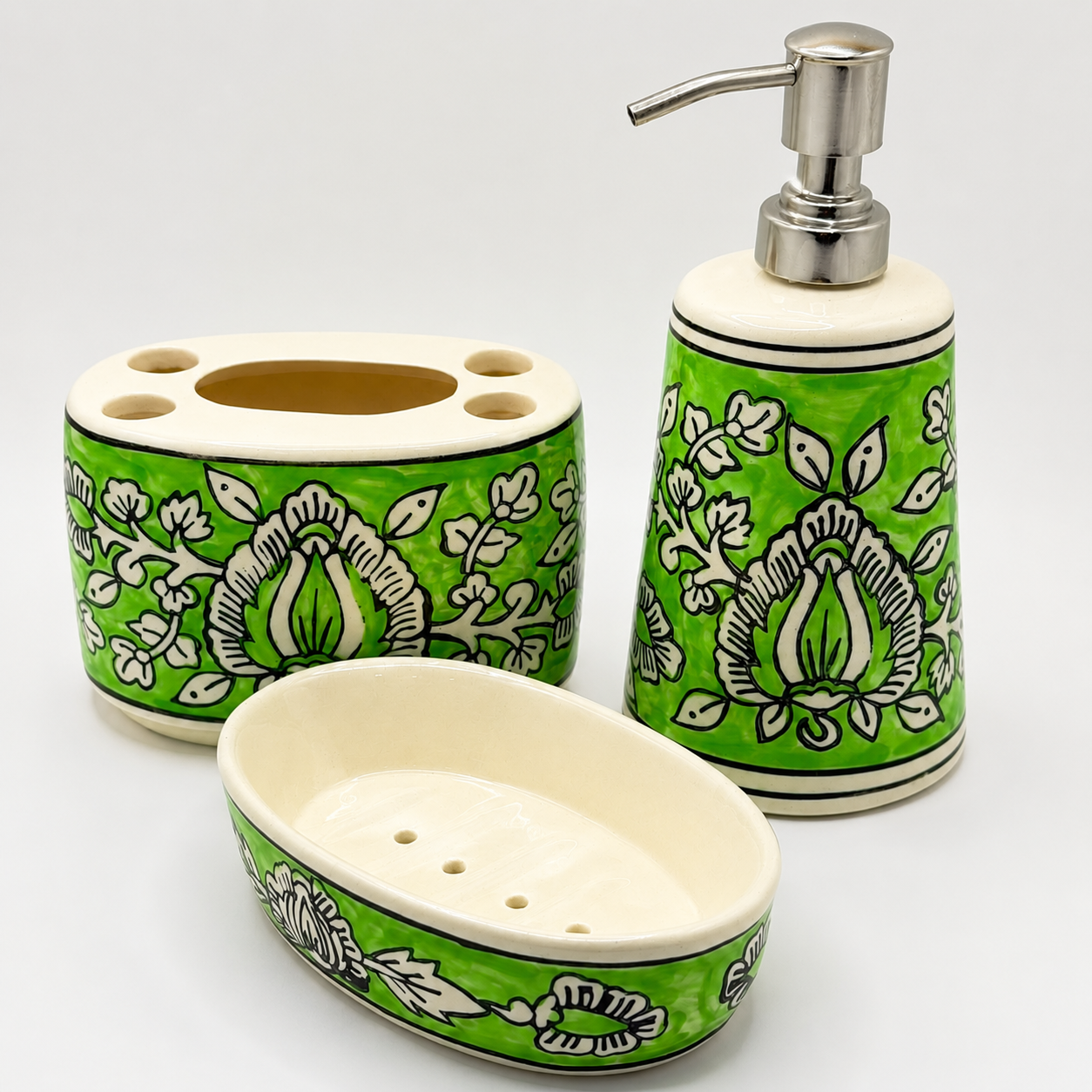 Green Floral Ceramic Bathroom Accessory Set | Soap Dispenser, Brush Holder & Soap Case