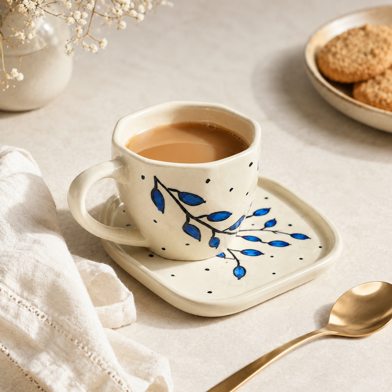 Blue Leaf Ceramic Cup & Saucer Set | Botanical Tea & Coffee Cup with Designer Geometric Saucer