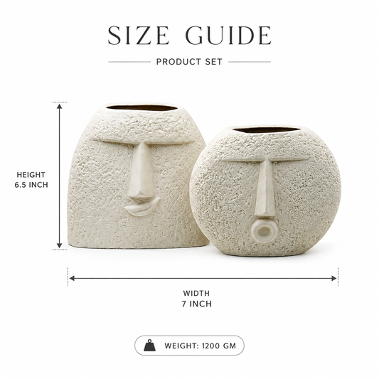 Abstract Face Ceramic Vase Set of 2 – Textured Beige Modern Home Décor Showpieces