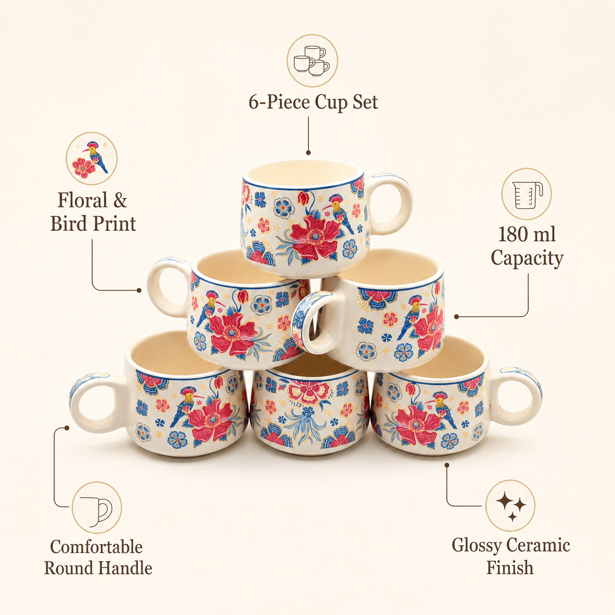 Floral Bird Ceramic Cup Set of 6 | 180 ml Hand-Painted Tea & Coffee Cups | Decorative 6-Piece Cup Set