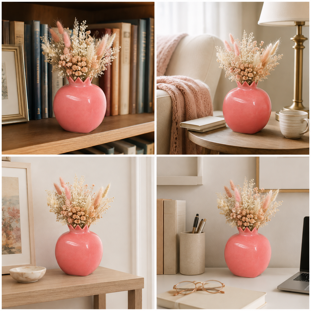 Coral Pink Pomegranate Ceramic Flower Vase | Glossy Decorative Vase for Home Decor