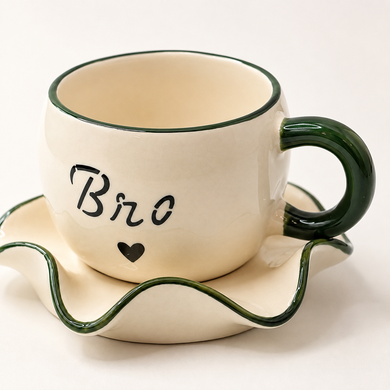 Bro Ceramic Cup & Saucer Set with Green Rim | Unique Coffee & Tea Gift for Him