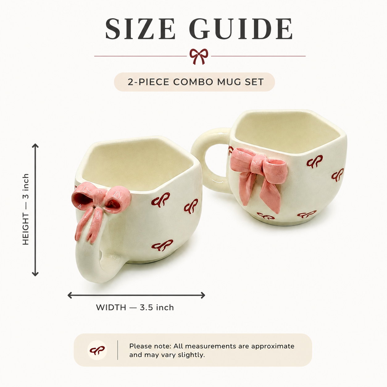 Pink Bow Ceramic Mug Set of 2 | Cute Aesthetic Coffee & Tea Cups | 3.5-Inch Designer Mugs