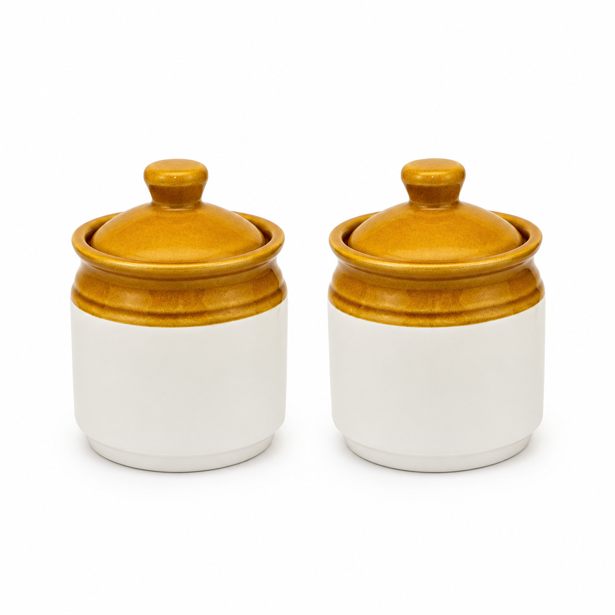 Ceramic Storage Jars with Lids Set of 2 | Mustard & White Kitchen Jars for Tea, Coffee, Sugar & Spices