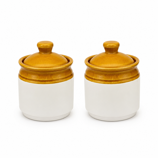 Ceramic Storage Jars with Lids Set of 2 | Mustard & White Kitchen Jars for Tea, Coffee, Sugar & Spices