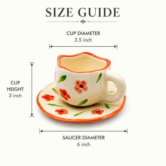 Hand-Painted Orange Floral Ceramic Cup & Saucer Set | Artistic Tea & Coffee Cup