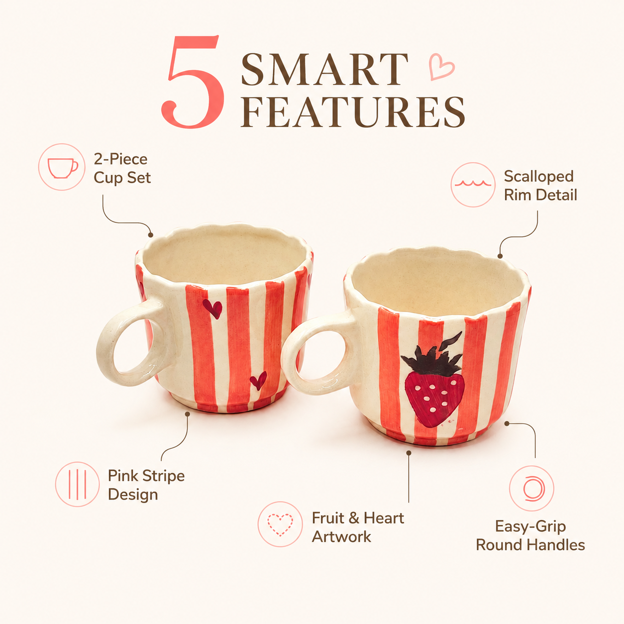 Strawberry Striped Ceramic Mug Set of 2 | Cute Hand-Painted Coffee & Tea Cups | Aesthetic Designer Mugs