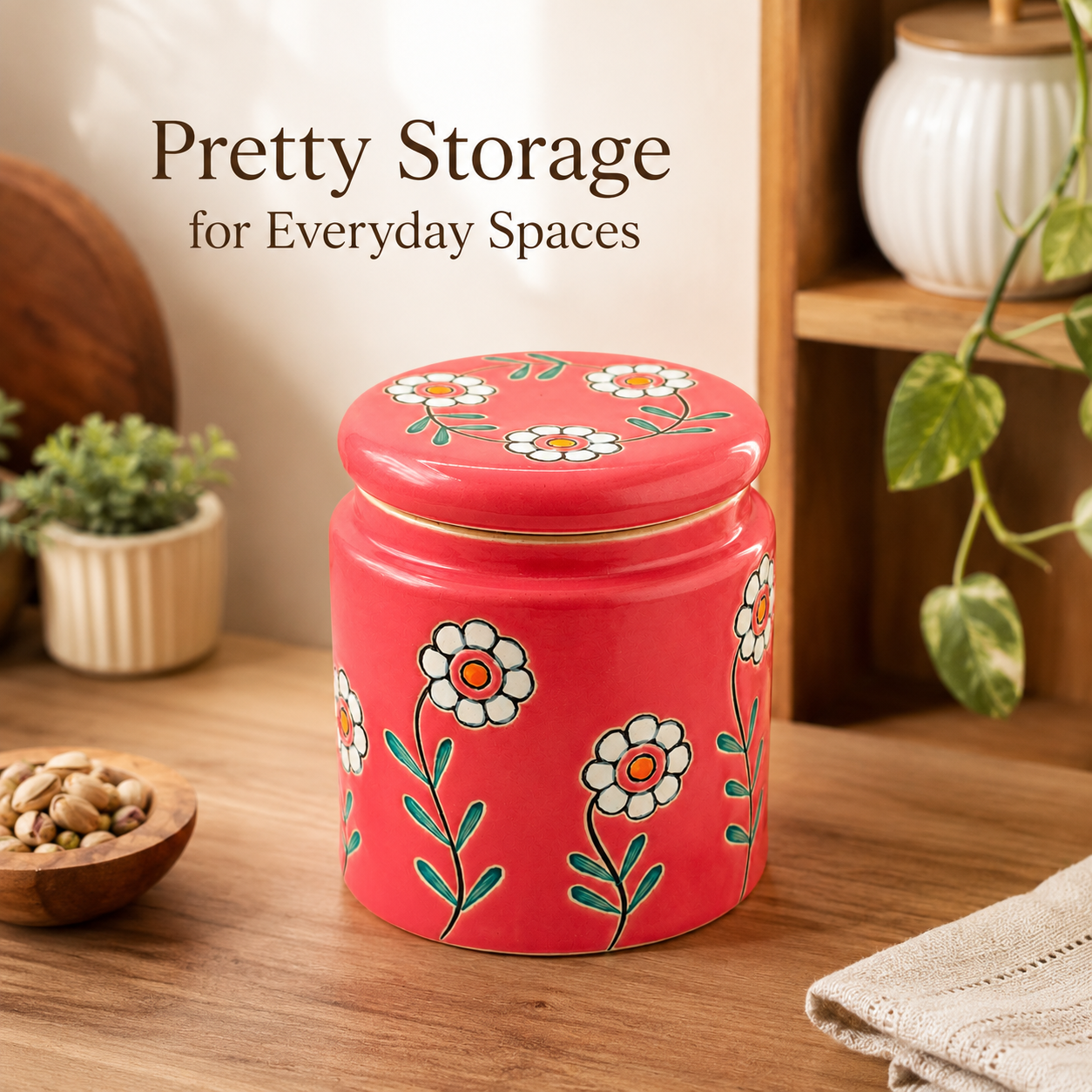 Red Floral Ceramic Storage Jar with Lid | Decorative Kitchen Container for Tea, Coffee, Sugar & Dry Snacks