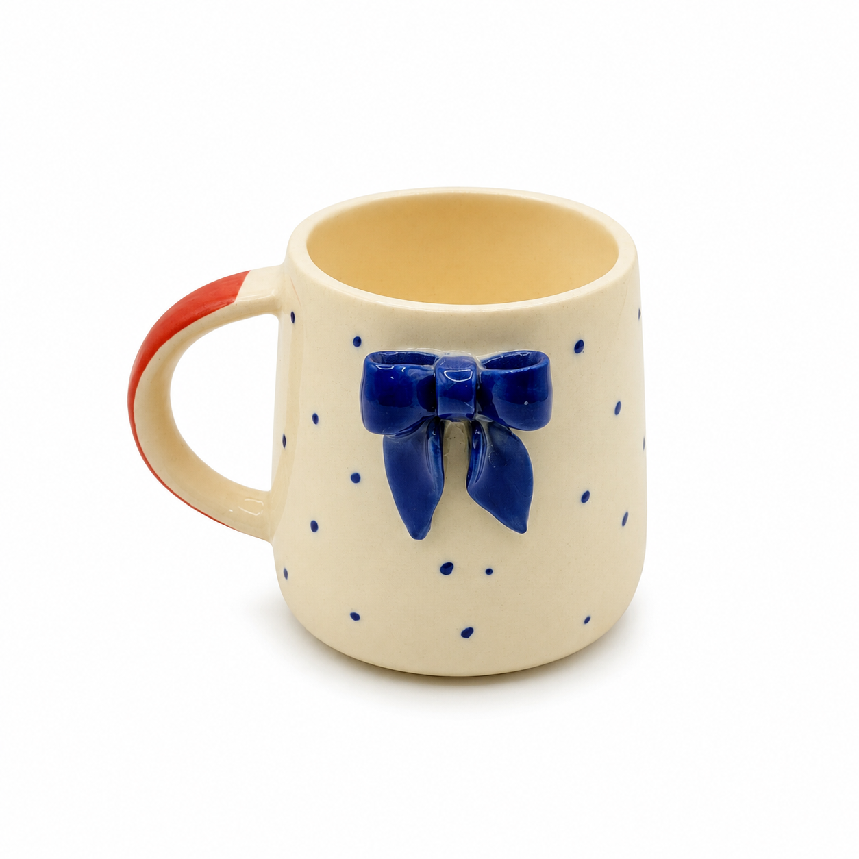 Handcrafted Ceramic Bow Mug – Ivory Beige & Cobalt Blue with Red Handle, Cute Coffee Cup