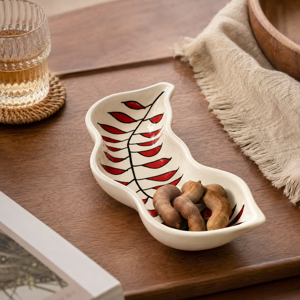 Red Leaf Tamarind Shaped Ceramic Serving Platter | Hand-Painted Snack & Appetizer Dish