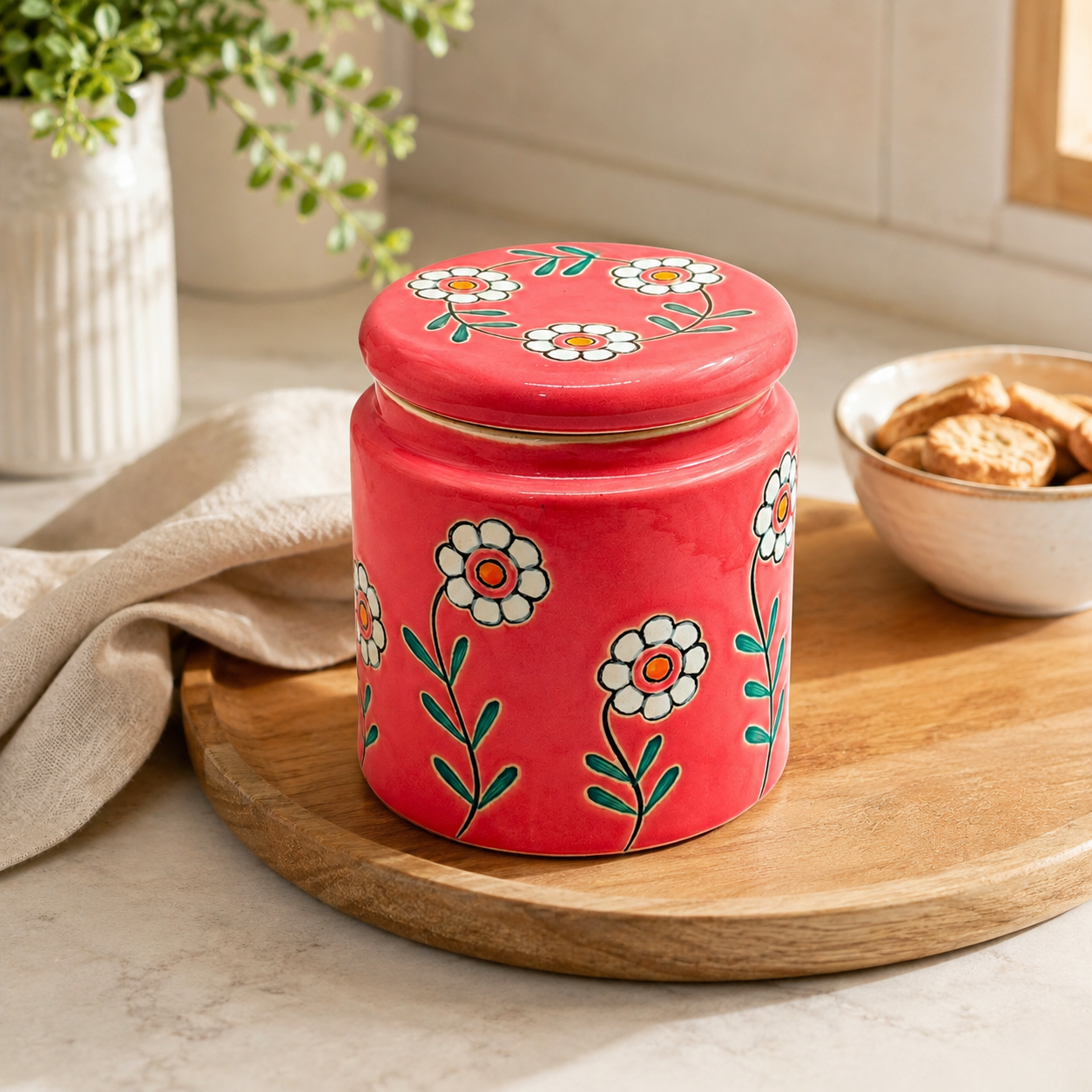 Red Floral Ceramic Storage Jar with Lid | Decorative Kitchen Container for Tea, Coffee, Sugar & Dry Snacks