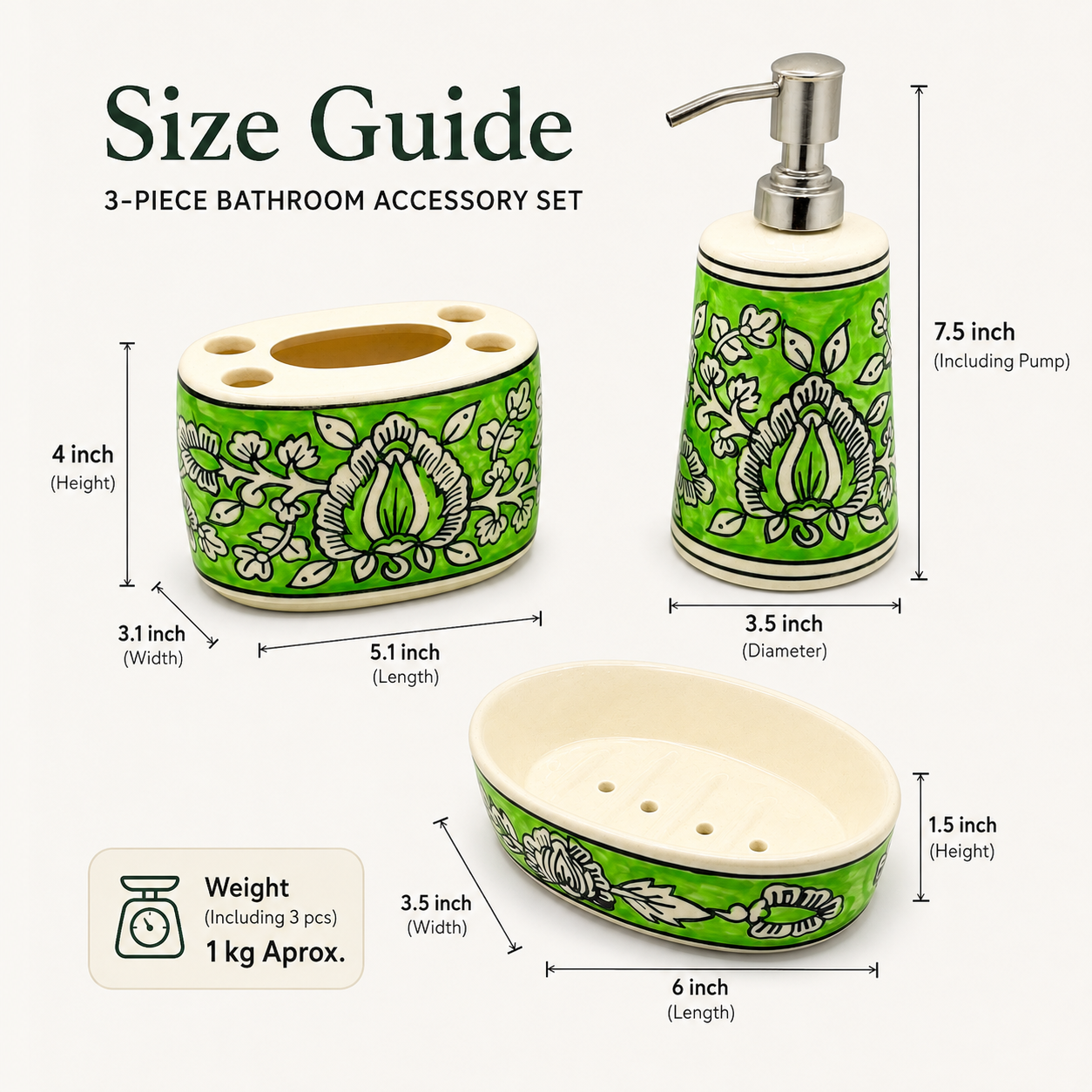 Green Floral Ceramic Bathroom Accessory Set | Soap Dispenser, Brush Holder & Soap Case