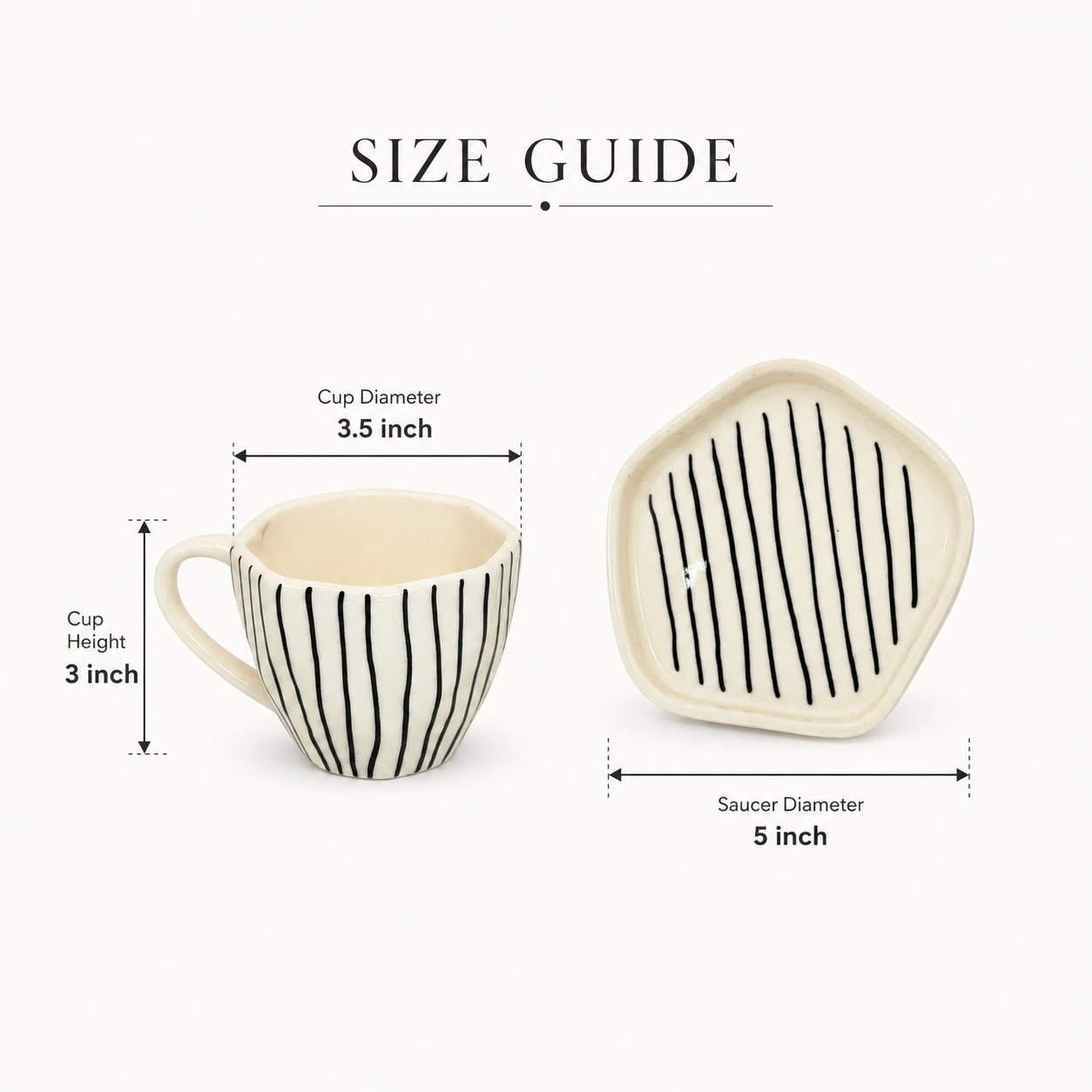 Black Striped Ceramic Cup & Saucer Set | Minimalist Tea & Coffee Cup with Geometric Saucer