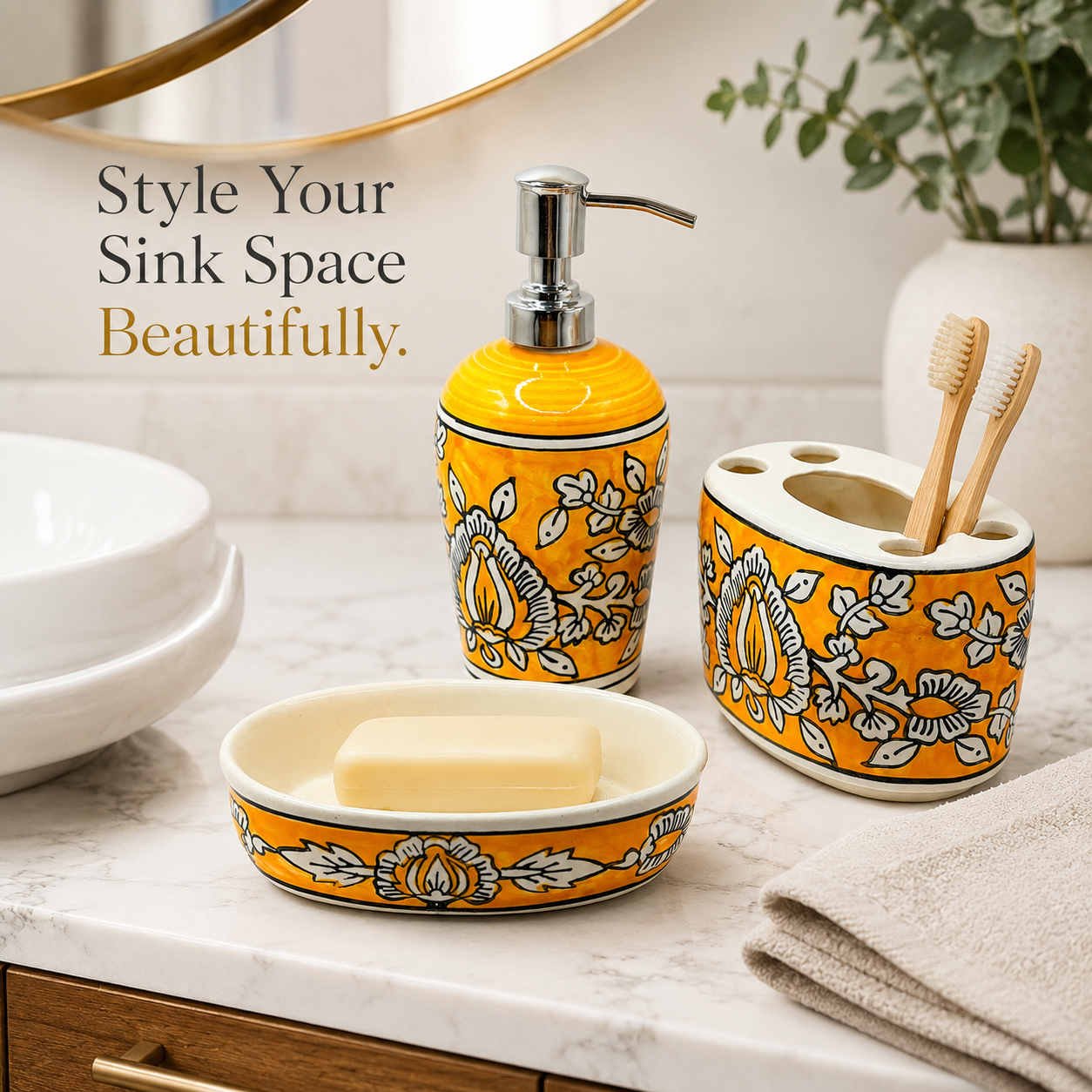 Yellow Ceramic Bathroom Set with Soap Dispenser | 3 Piece Floral Bath Accessory Set