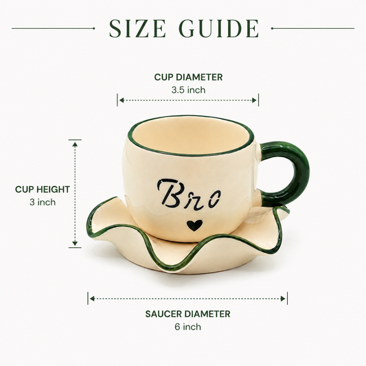 Bro Ceramic Cup & Saucer Set with Green Rim | Unique Coffee & Tea Gift for Him