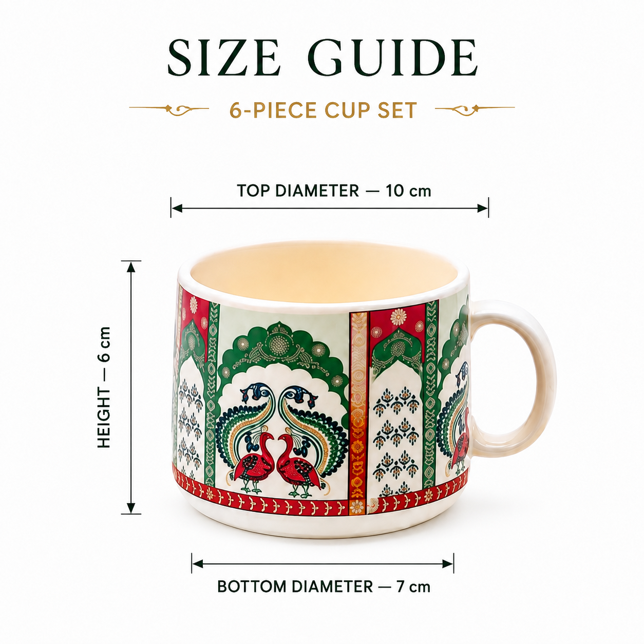 Traditional Peacock Design Ceramic Cup Set of 6 | Designer Tea & Coffee Cups | Ethnic Printed 6-Piece Cup Set