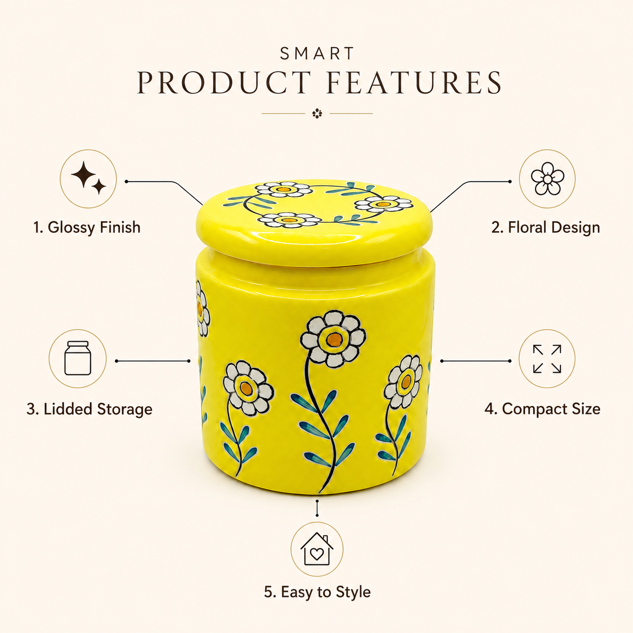 Yellow Floral Ceramic Storage Jar with Lid | Decorative Kitchen Container