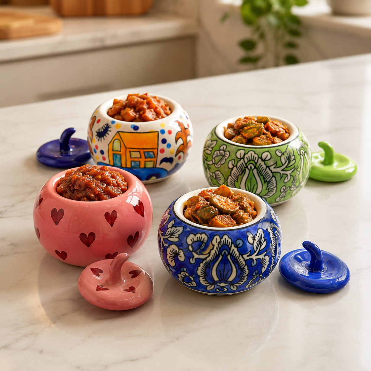 Handcrafted Ceramic Apple Jar Set of 2 – Pink Heart Design with Lid | Decorative Kitchen Storage Jar