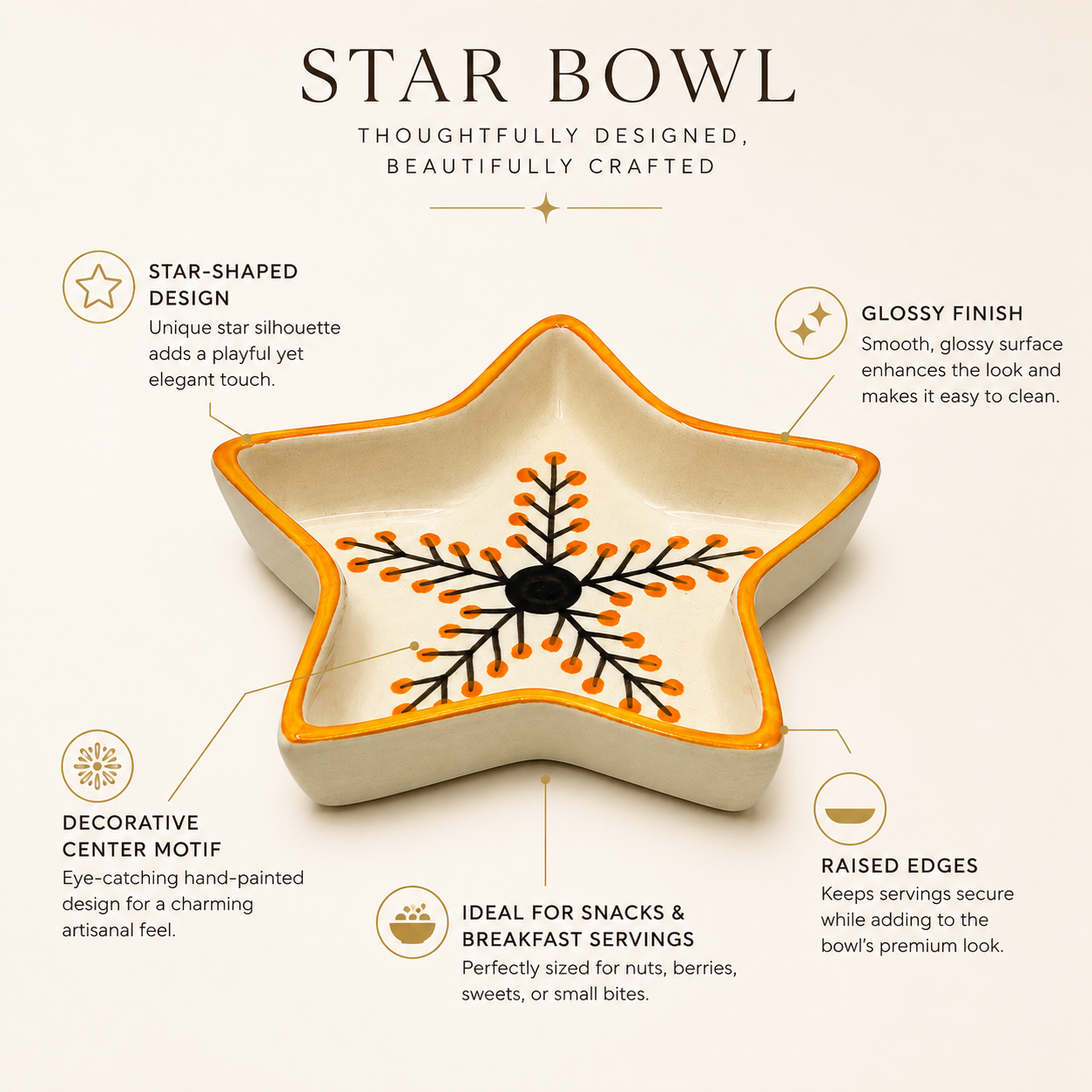 Orange Star Shaped Ceramic Bowl | Botanical Snack, Dry Fruit & Serving Dish
