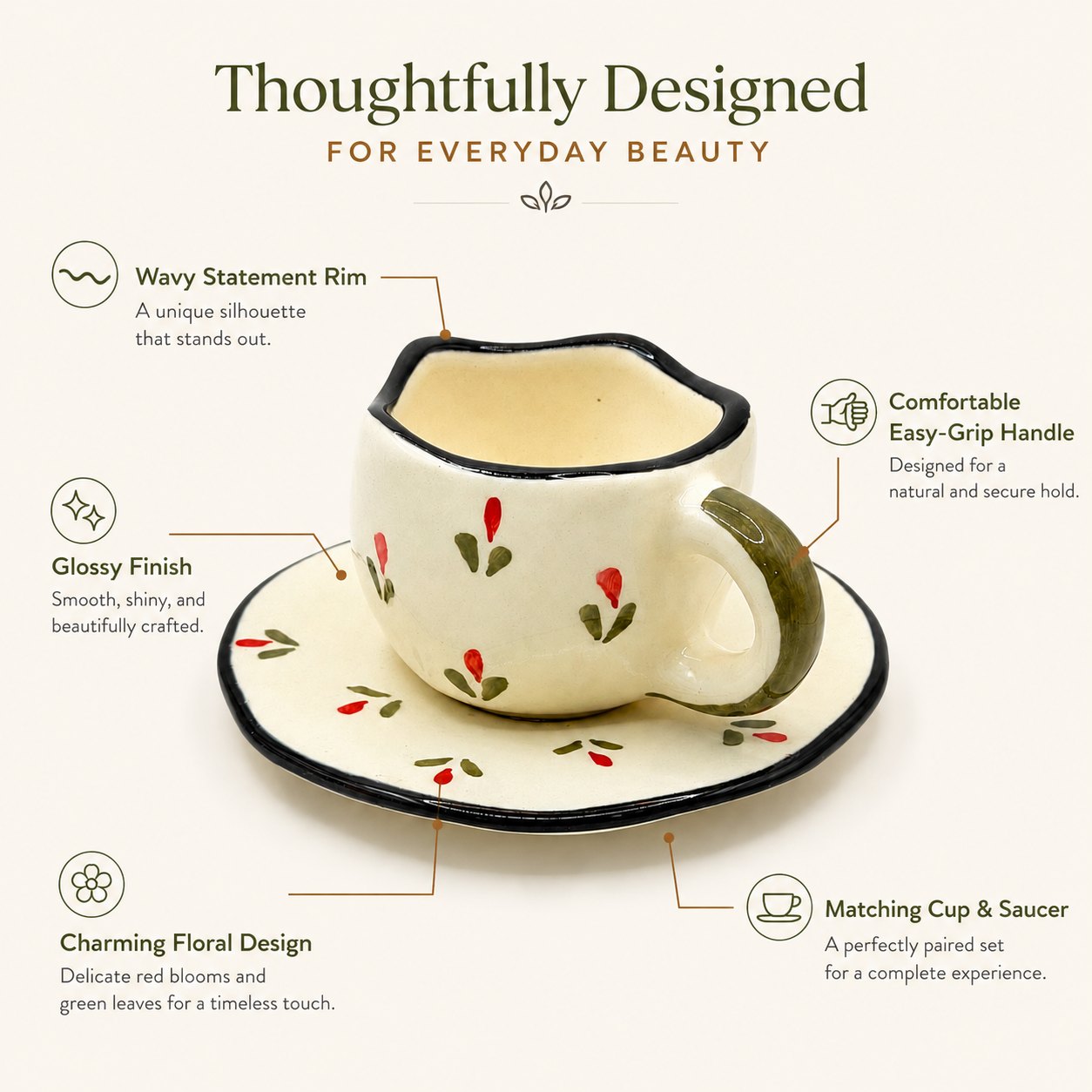 Artistic Black Rim Floral Ceramic Cup & Saucer Set | Premium Tea Coffee Set