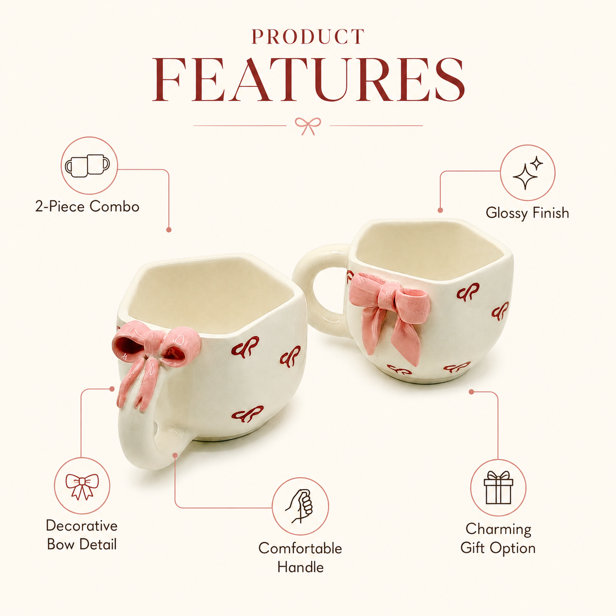 Pink Bow Ceramic Mug Set of 2 | Cute Aesthetic Coffee & Tea Cups | 3.5-Inch Designer Mugs