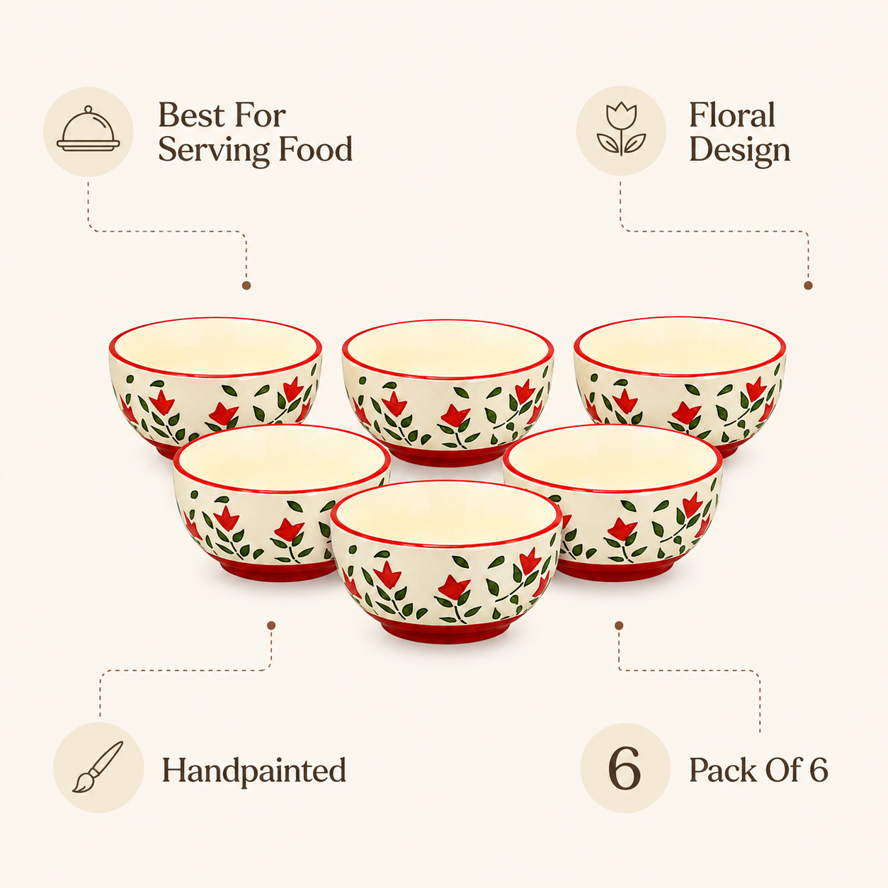 Hand-Painted Floral Ceramic Bowls Set of 6 | 3-Inch Small Serving Bowls for Chutney, Dips, Snacks & Desserts