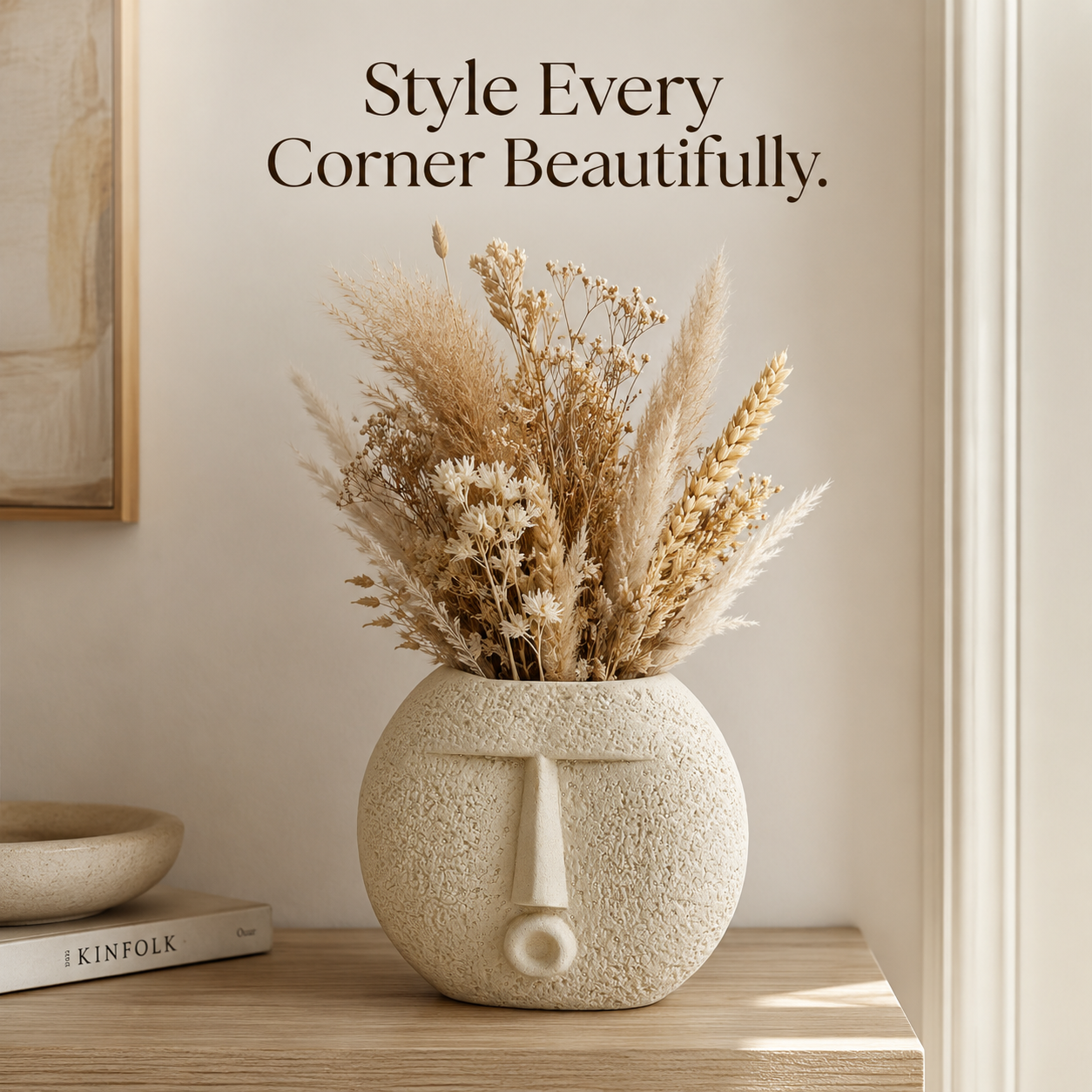 Abstract Face Ceramic Vase – Round Textured Beige Decorative Planter | 7 Inch