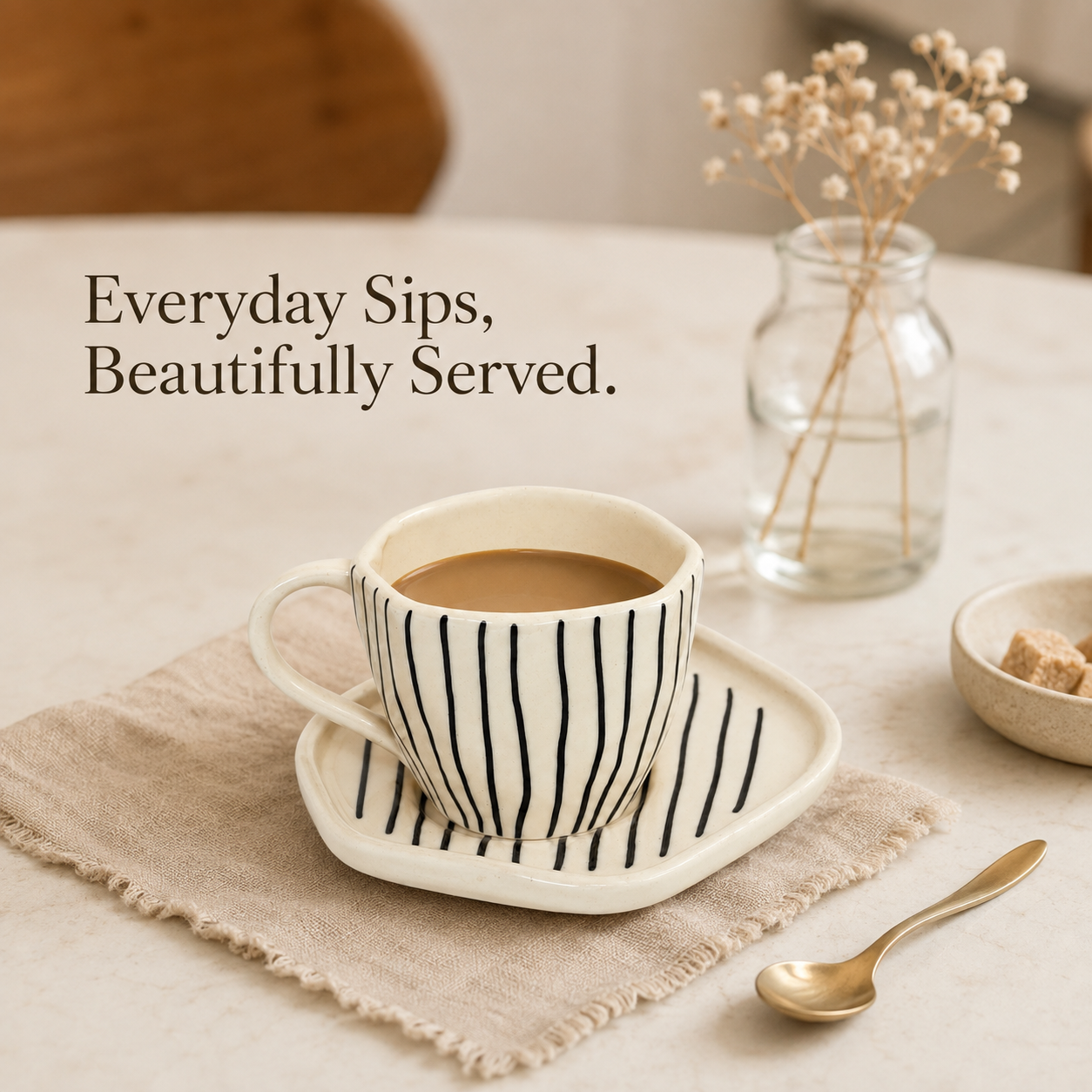 Black Striped Ceramic Cup & Saucer Set | Minimalist Tea & Coffee Cup with Geometric Saucer