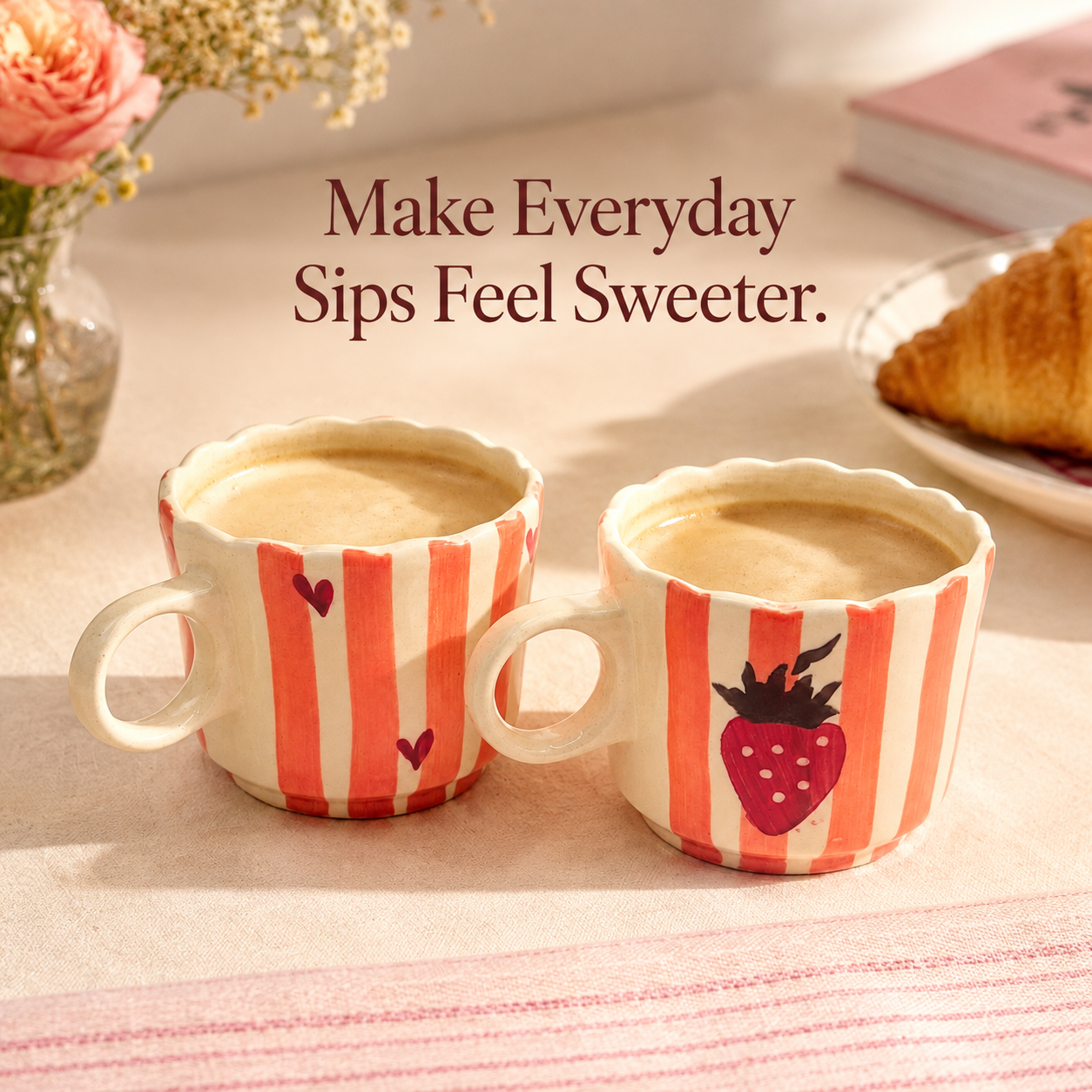 Strawberry Striped Ceramic Mug Set of 2 | Cute Hand-Painted Coffee & Tea Cups | Aesthetic Designer Mugs