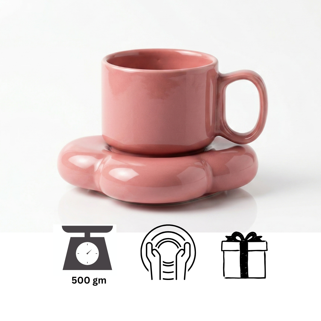 Pastel Pink Ceramic Cup & Saucer Set | Aesthetic Coffee Mug | Minimalist Tea Set | Cute Drinkware