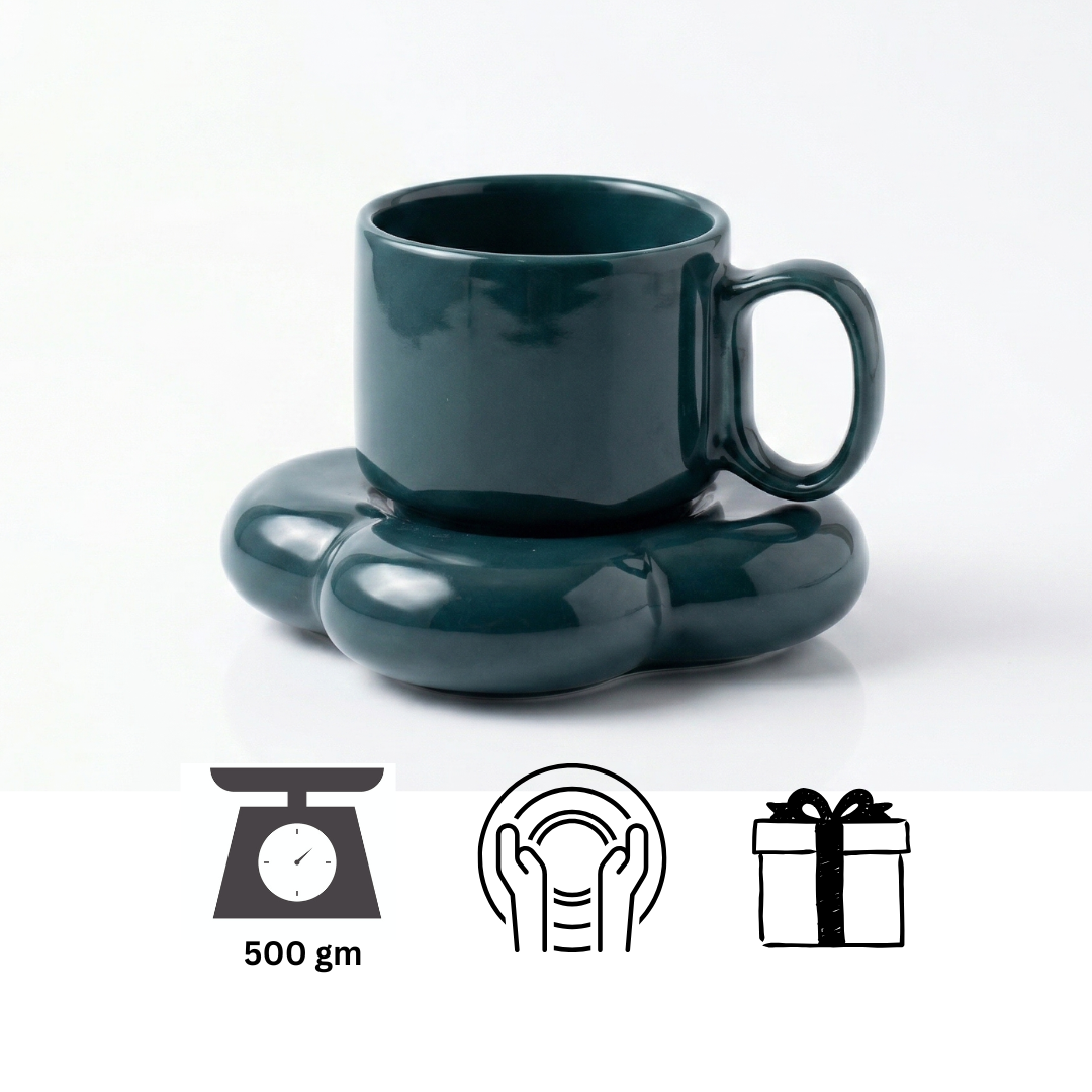 Dark Teal Ceramic Cup & Saucer Set | Aesthetic Coffee Mug | Minimalist Tea Set | Premium Drinkware