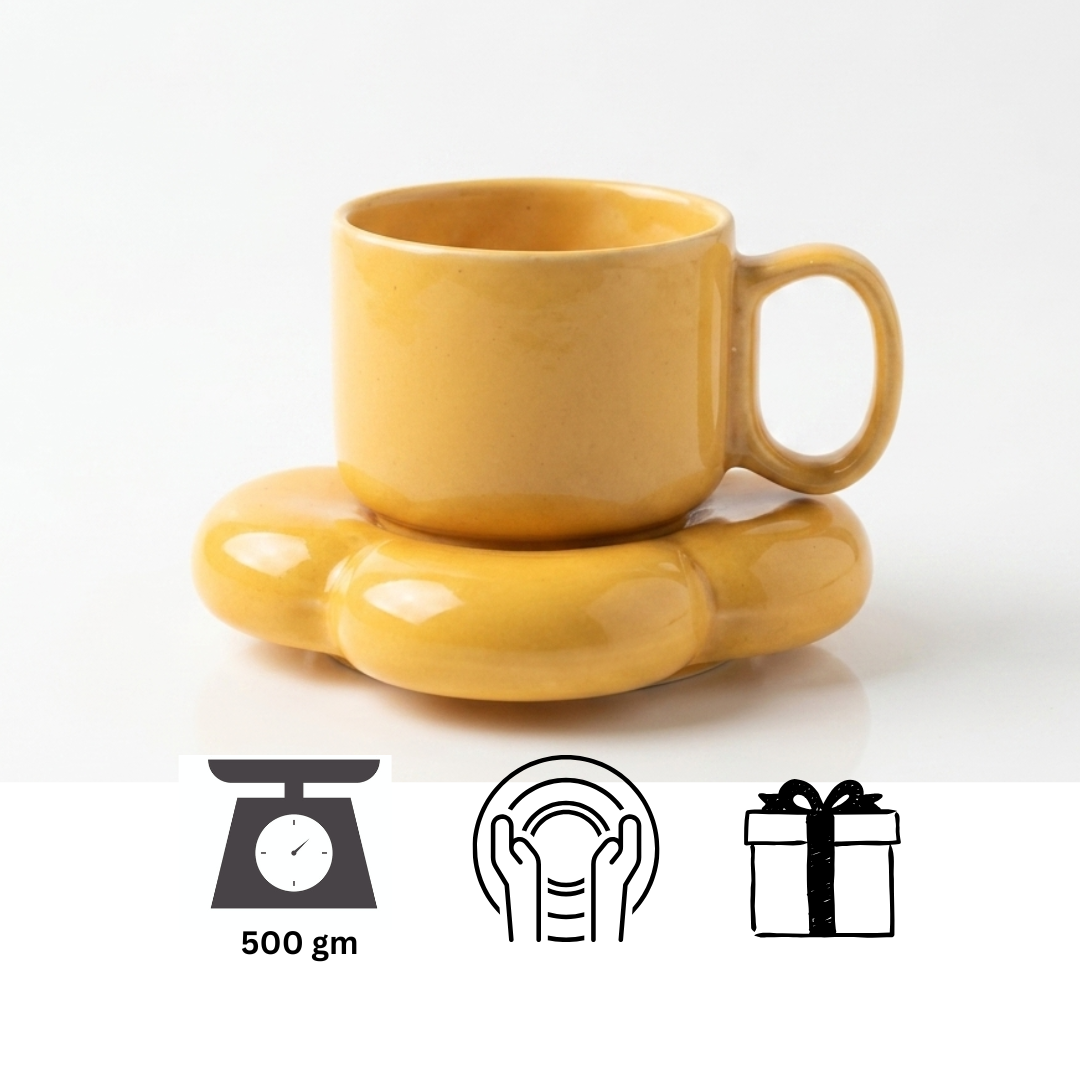 Mustard Yellow Ceramic Cup & Saucer Set | Aesthetic Coffee Mug | Minimalist Tea Set | Premium Drinkware
