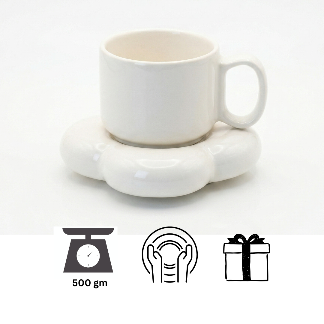 Pastel White Ceramic Cup & Saucer Set | Aesthetic Coffee Mug | Minimalist Tea Set | Elegant Drinkware