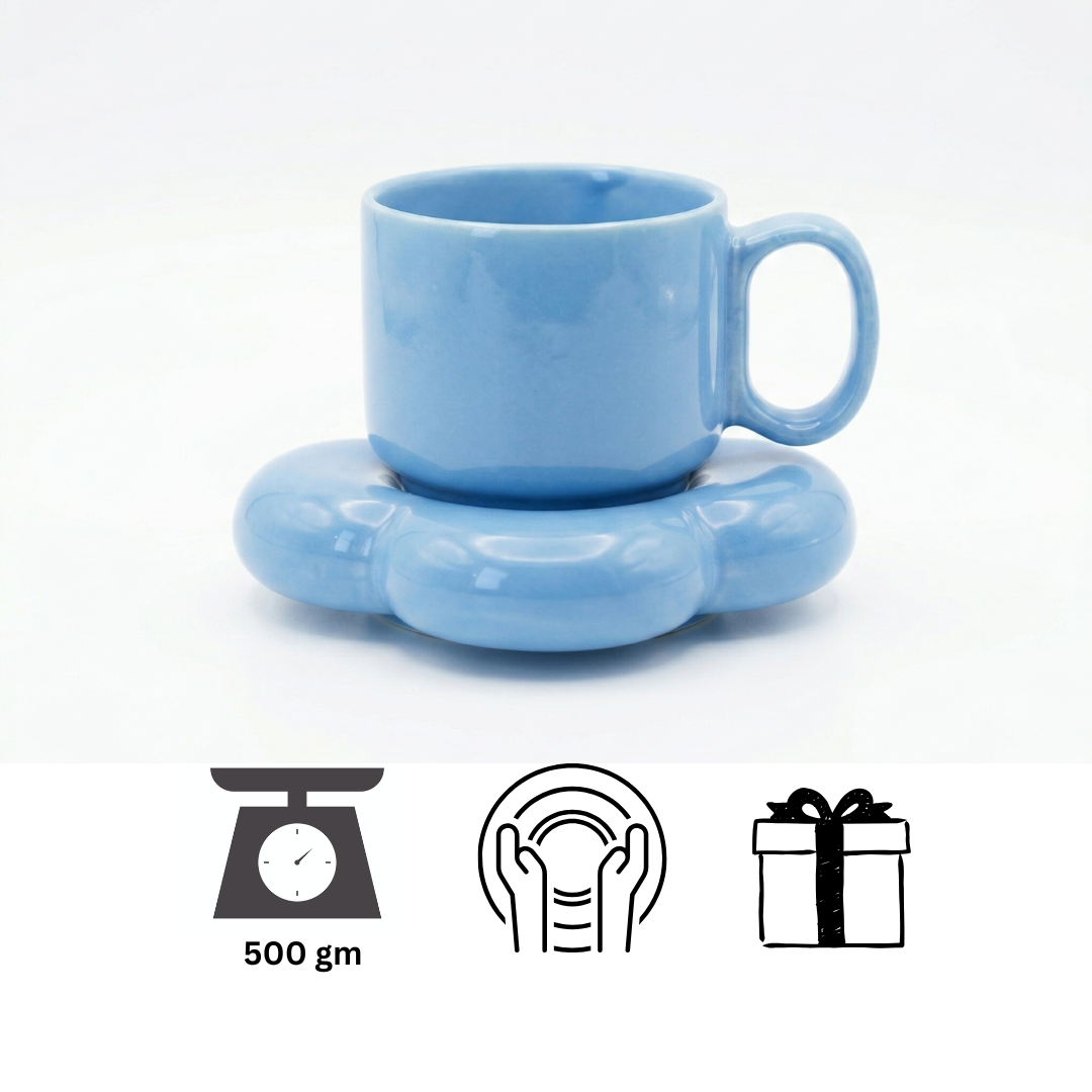 Pastel Blue Ceramic Cup & Saucer Set | Aesthetic Coffee Mug | Minimalist Tea Set