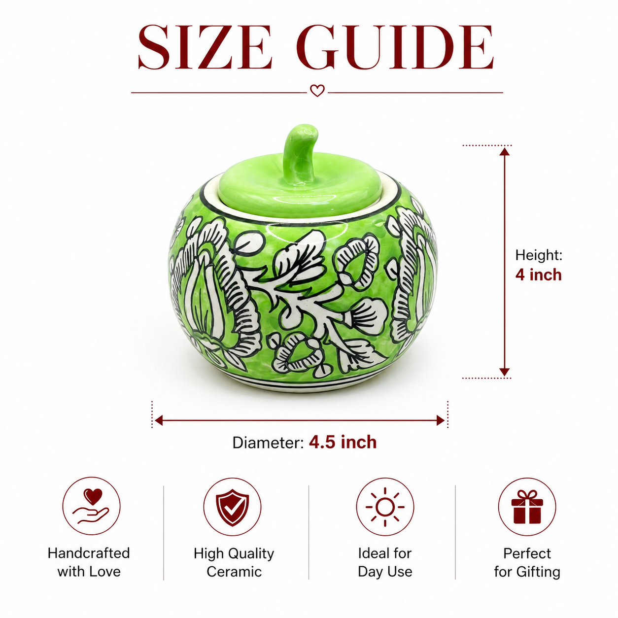 Handcrafted Ceramic Apple Jar Set of 2 – Green Floral Design with Lid | Decorative Kitchen Storage Jar