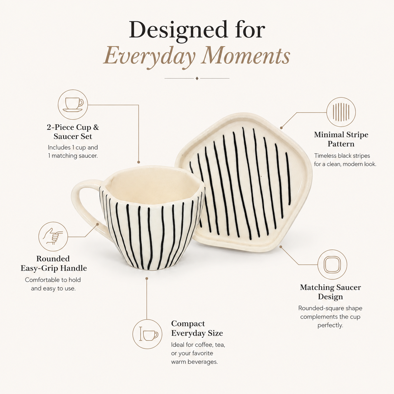 Black Striped Ceramic Cup & Saucer Set | Minimalist Tea & Coffee Cup with Geometric Saucer