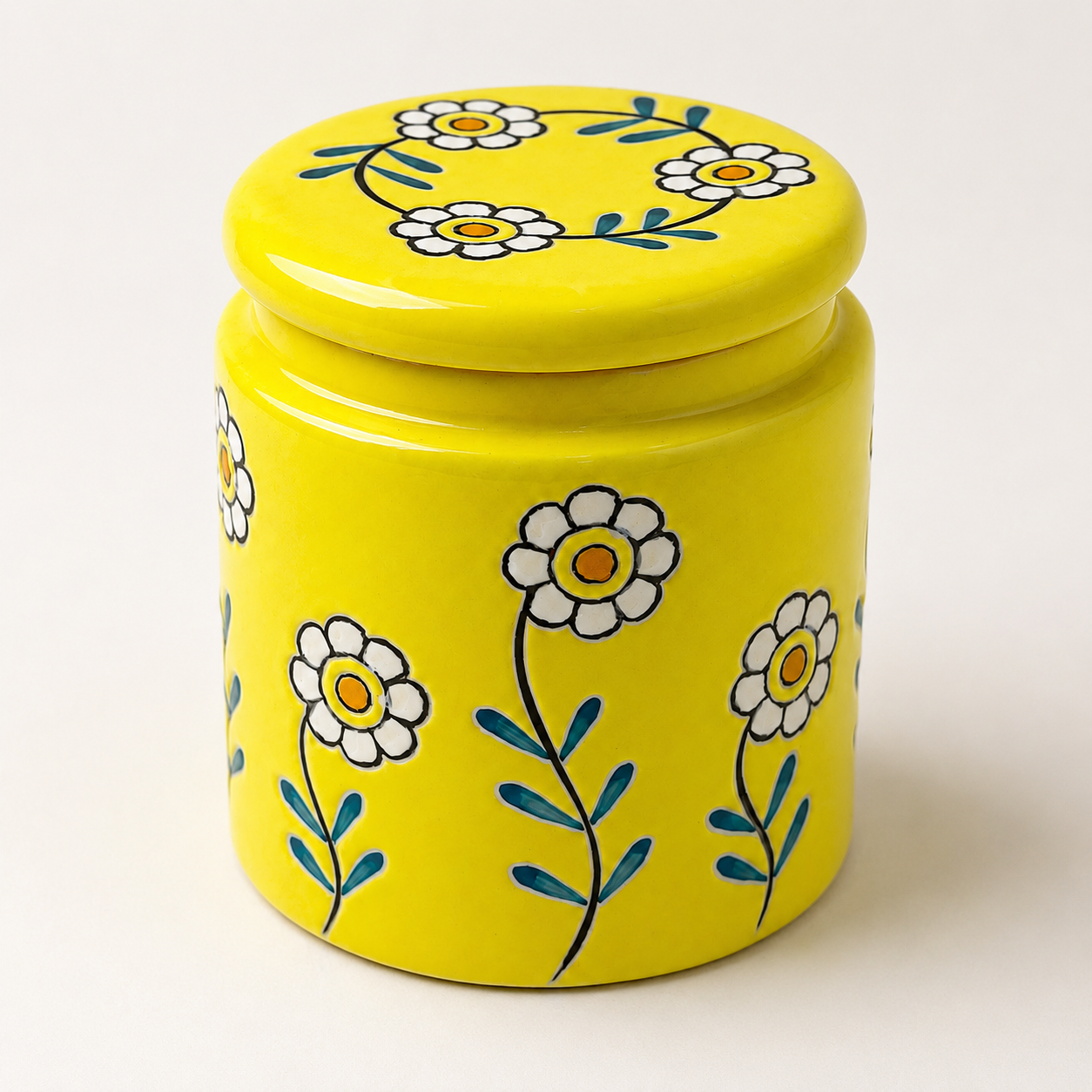 Yellow Floral Ceramic Storage Jar with Lid | Decorative Kitchen Container