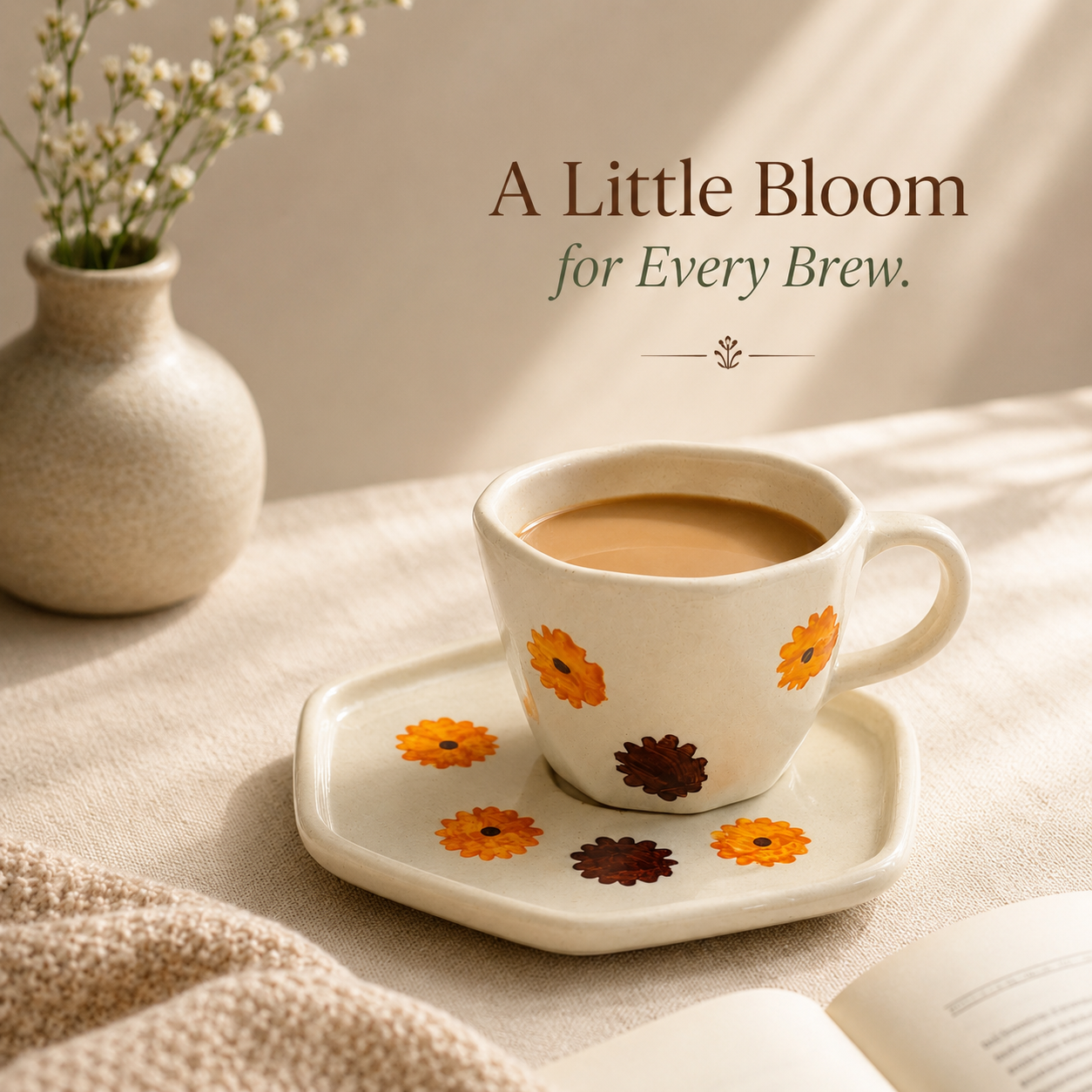 Orange Floral Ceramic Cup & Saucer Set | Aesthetic Flower Tea & Coffee Cup with Geometric Saucer