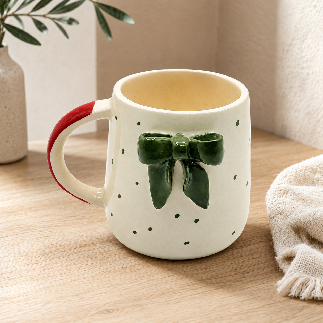 Handcrafted Ceramic Bow Mug – Ivory Beige & Olive Green with Red Handle, Cute Coffee Mug