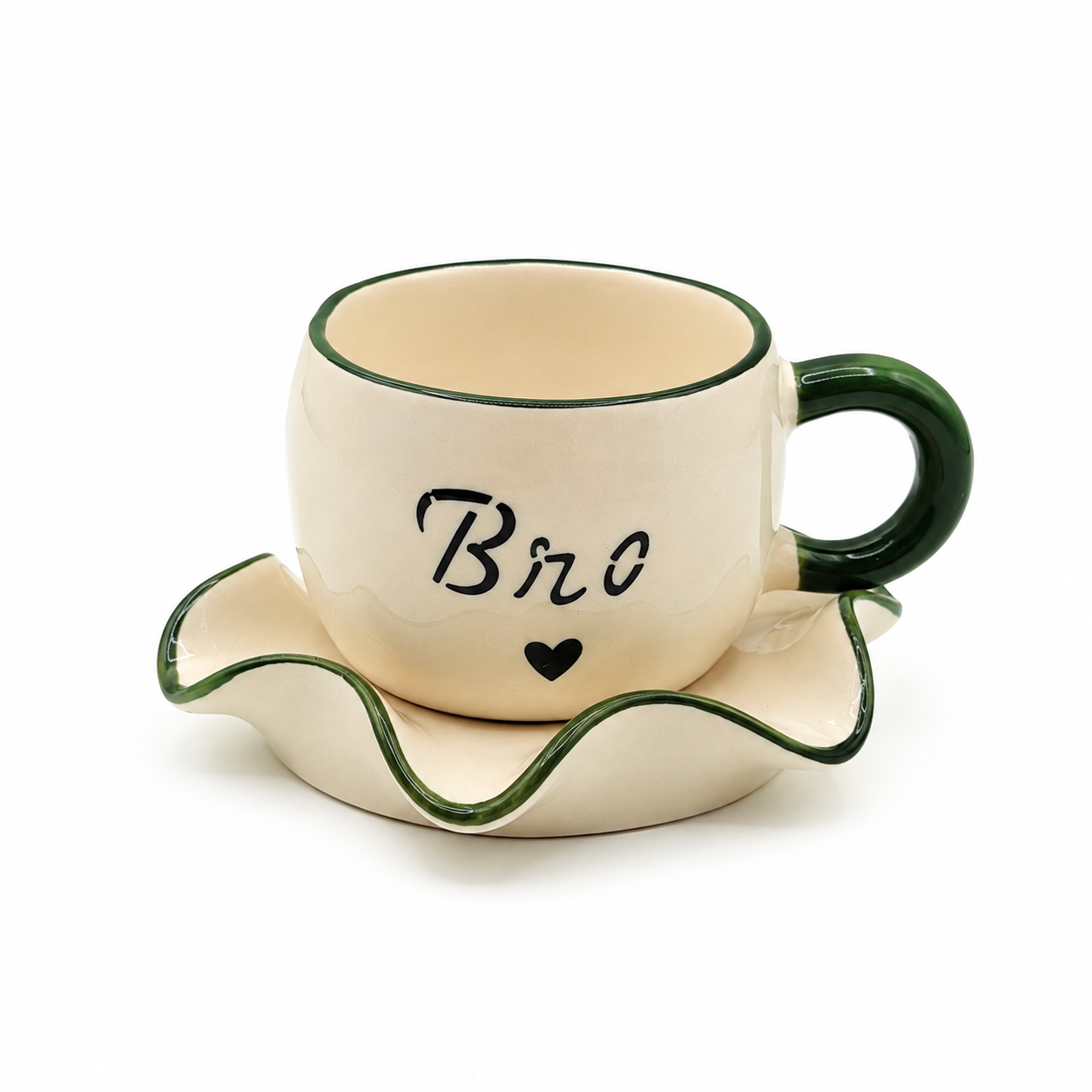 Bro Ceramic Cup & Saucer Set with Green Rim | Unique Coffee & Tea Gift for Him