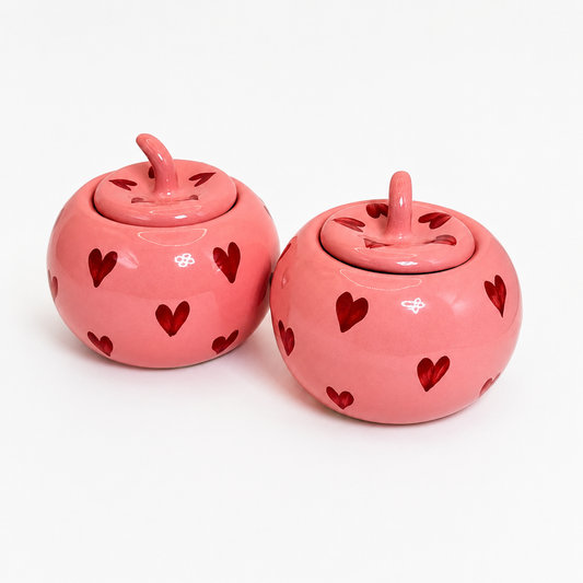 Handcrafted Ceramic Apple Jar Set of 2 – Pink Heart Design with Lid | Decorative Kitchen Storage Jar