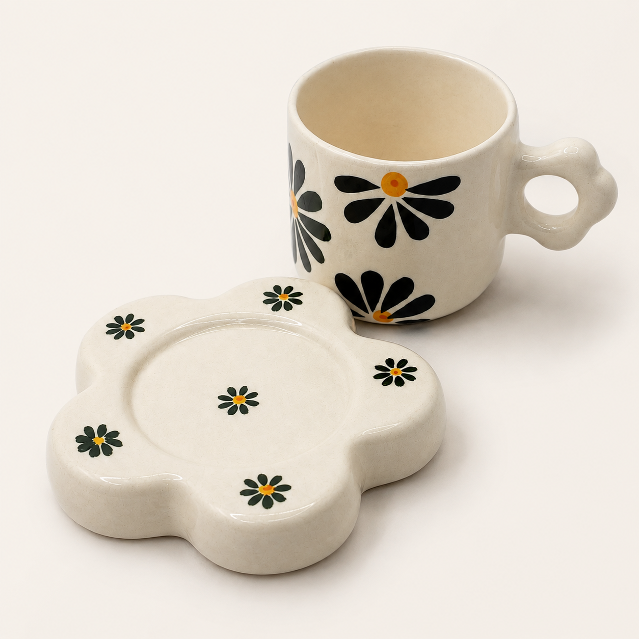 Black Floral Ceramic Cup & Saucer Set | Aesthetic Flower-Shaped Tea & Coffee Cup Set