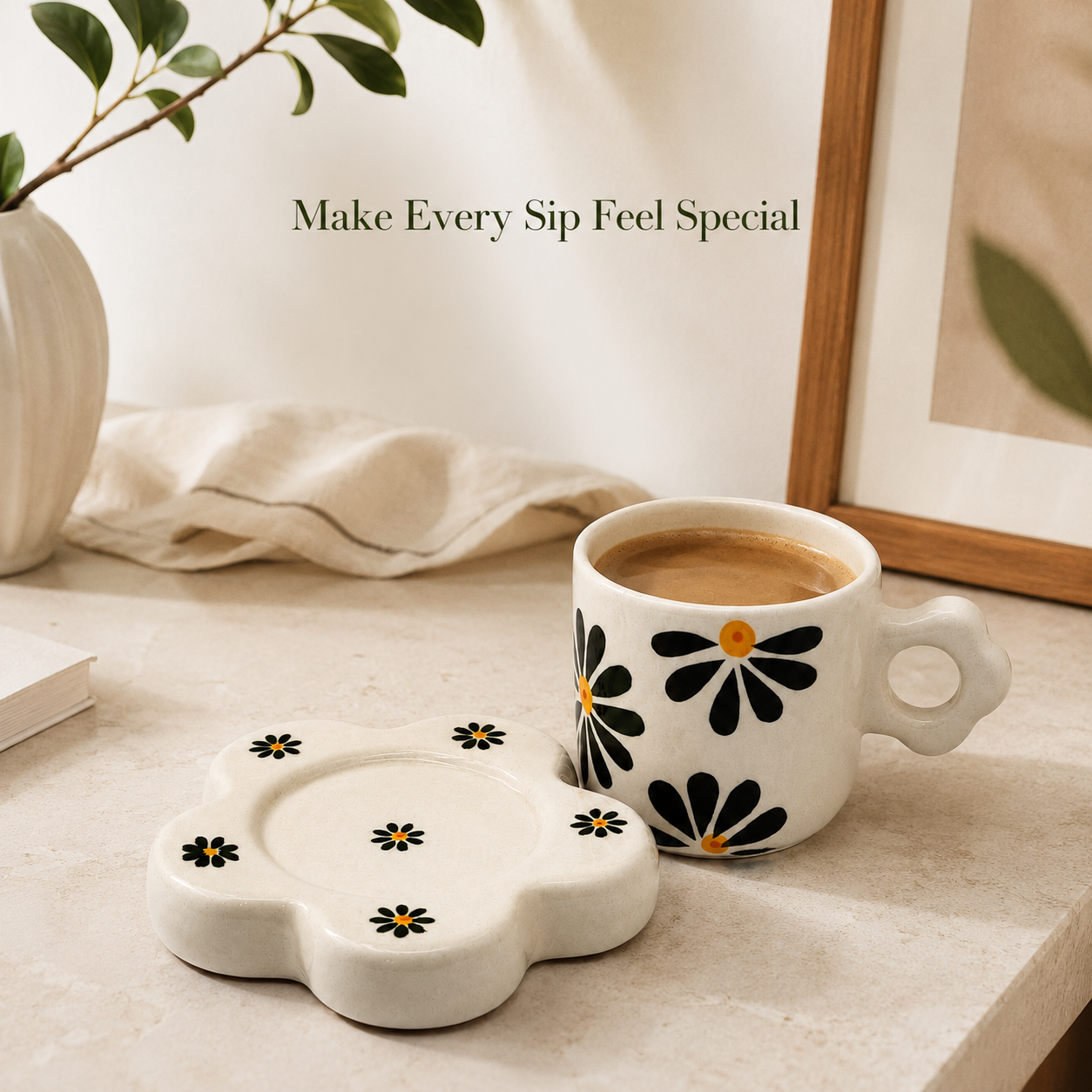 Black Floral Ceramic Cup & Saucer Set | Aesthetic Flower-Shaped Tea & Coffee Cup Set