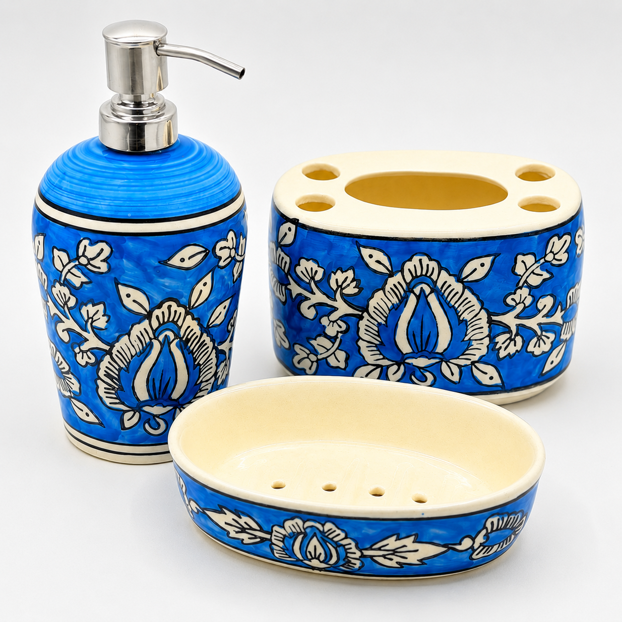 Blue Ceramic Bathroom Set | 3 Piece Bathroom Organizer Set with Dispenser