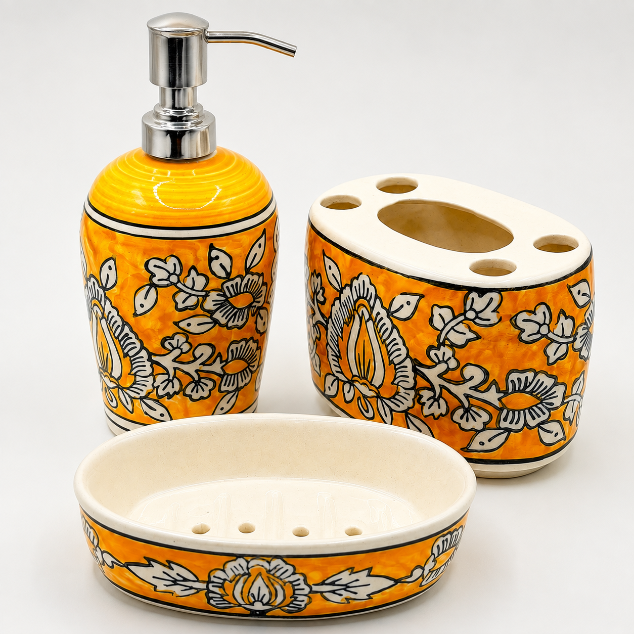 Yellow Ceramic Bathroom Set with Soap Dispenser | 3 Piece Floral Bath Accessory Set