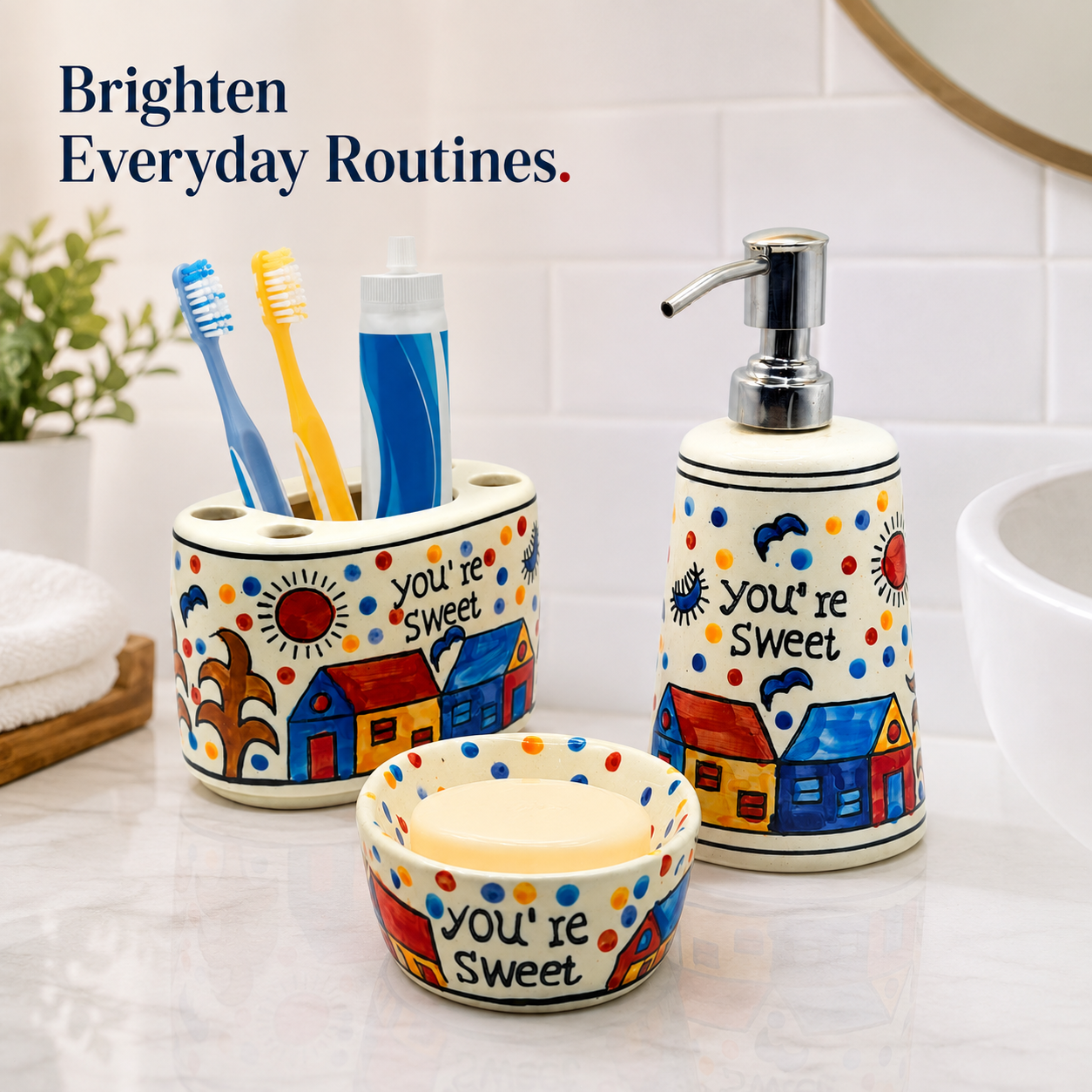 You’re Sweet Ceramic Bathroom Set | 3 Piece Cute Bathroom Accessories with Soap Dispenser