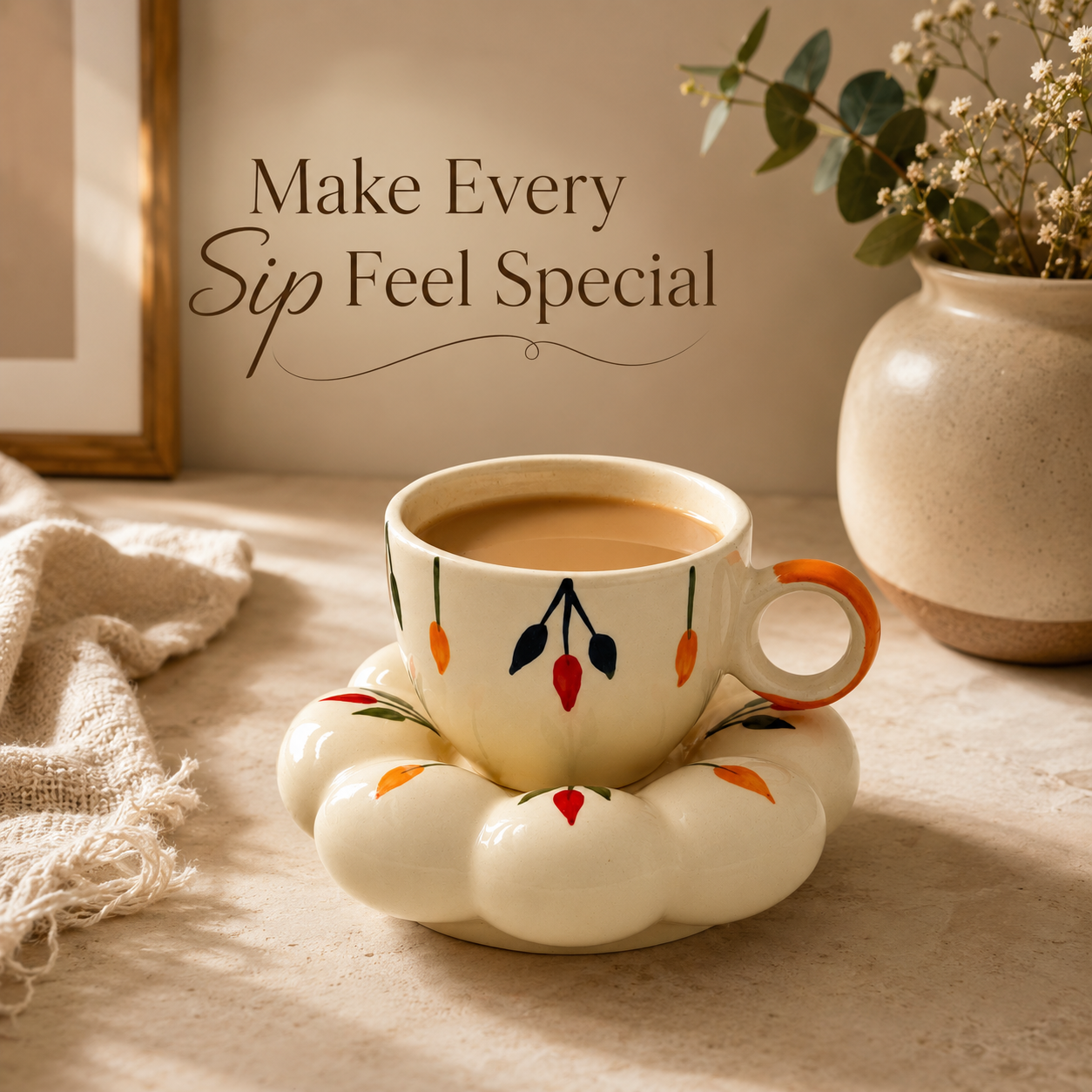 Floral Ceramic Cup & Saucer Set | Aesthetic Flower-Shaped Tea & Coffee Cup with 5.5-Inch Saucer