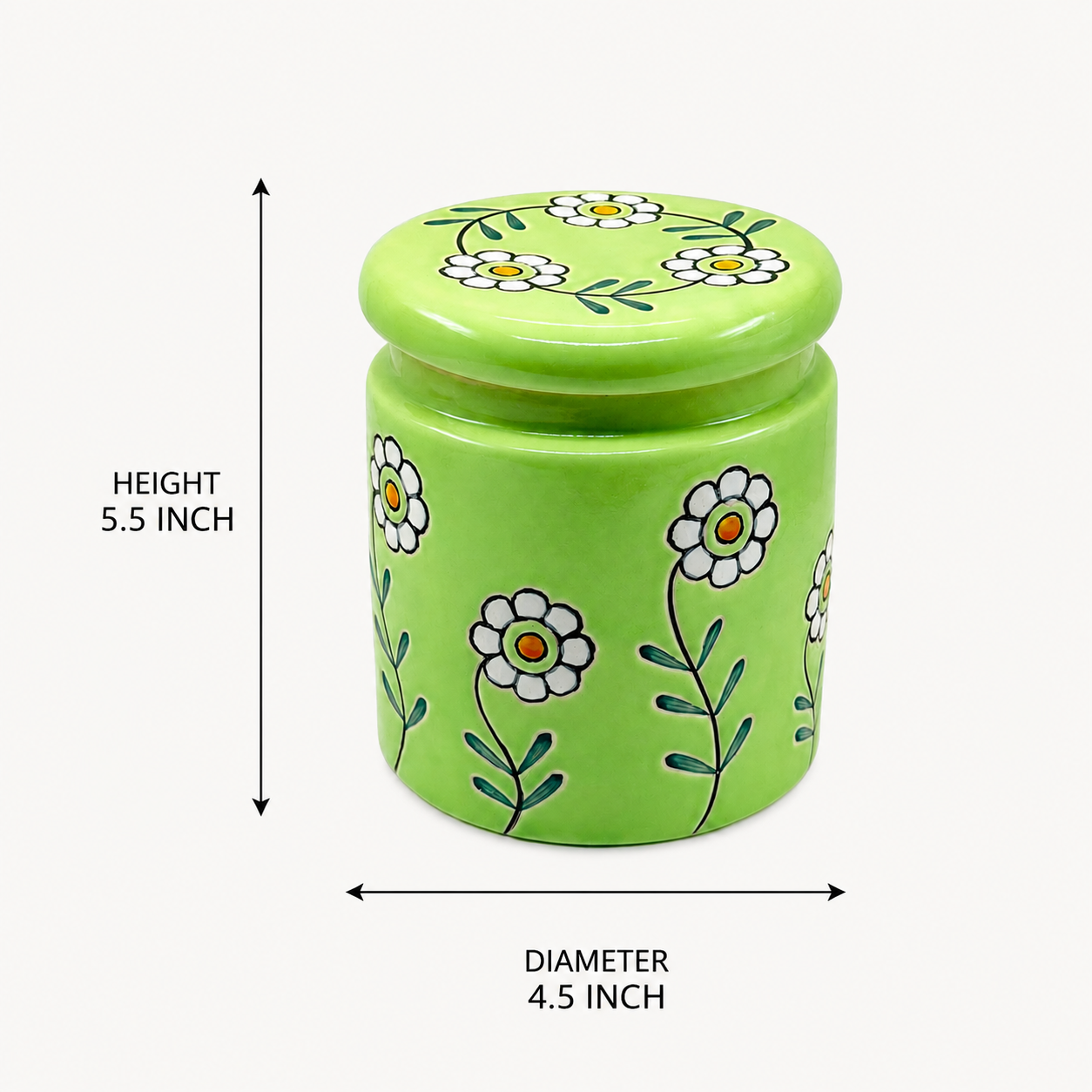 Green Floral Ceramic Storage Jar with Lid | Decorative Kitchen Container for Tea, Coffee, Sugar & Dry Snacks
